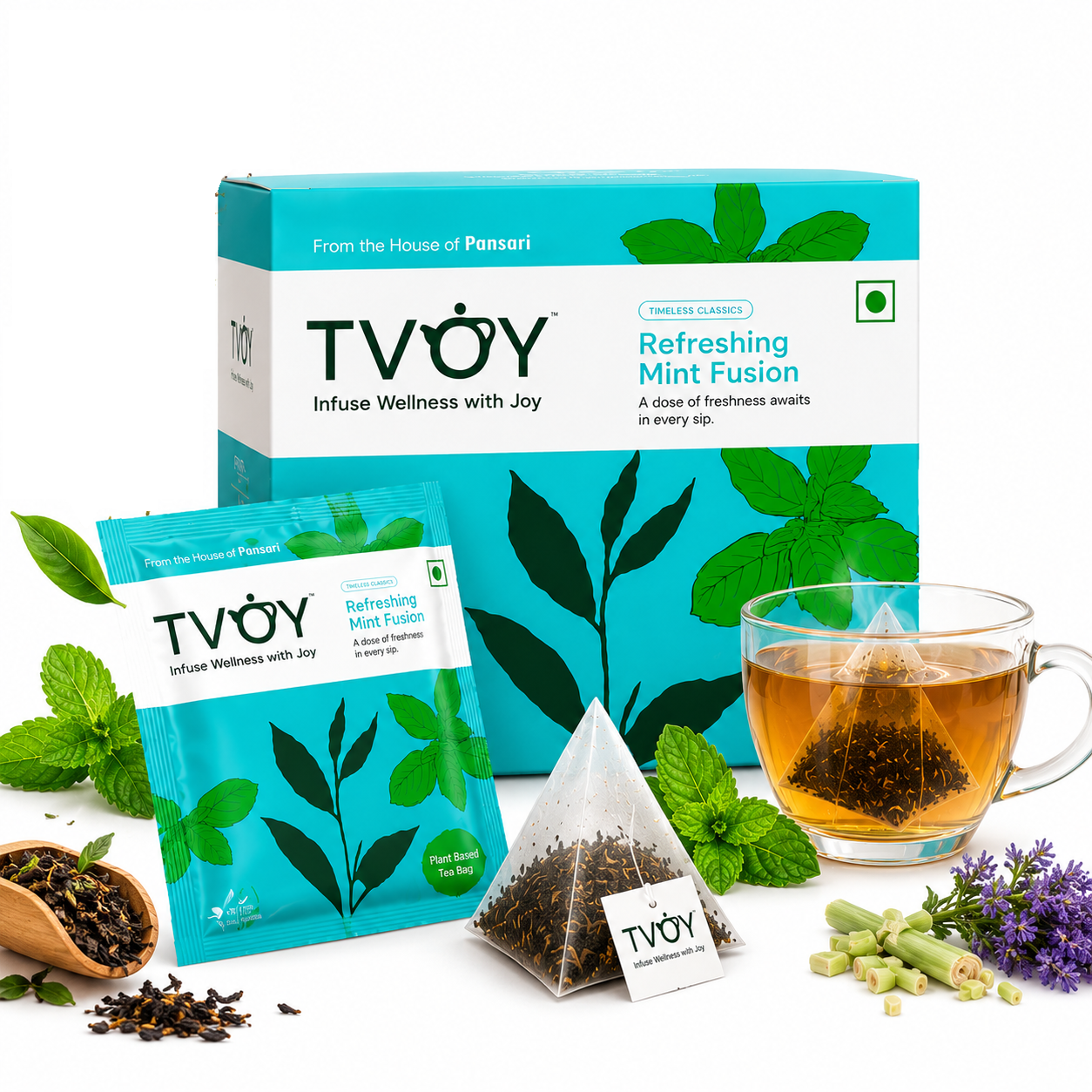 TVOY Mint Green Tea with Spearmint & Peppermint | Digestion & Fresh Breath | 20 Biodegradable Pyramid Tea Bags | No Plastic