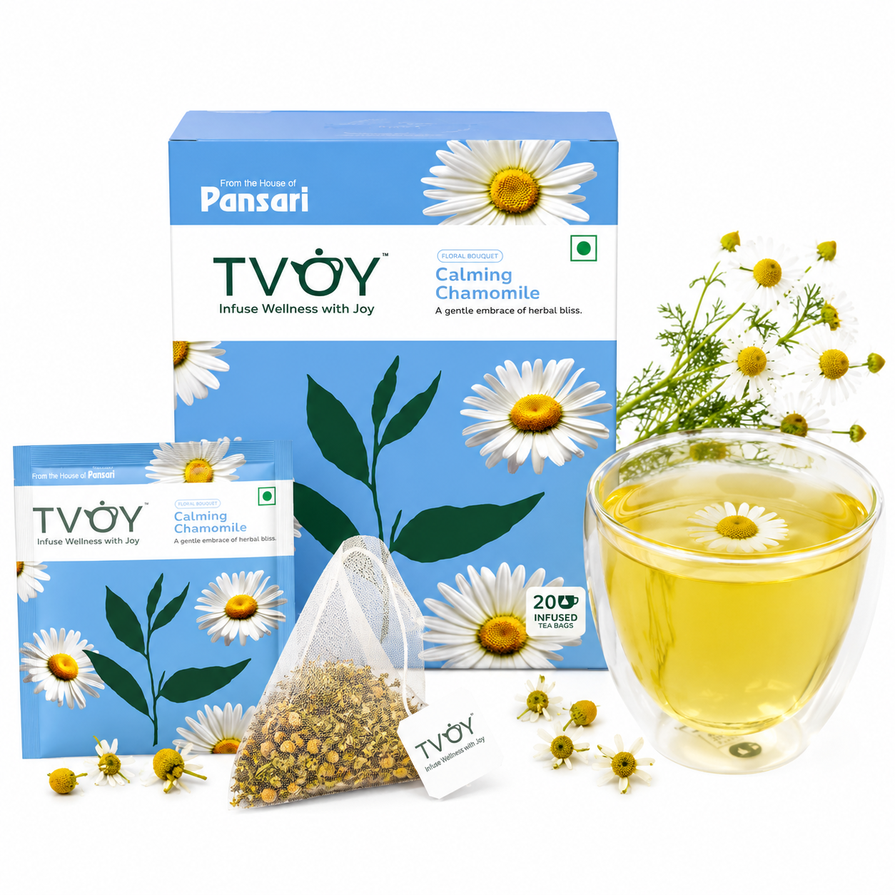 TVOY Chamomile Tea whole leaf tea quality — no dust, no artificial flavours