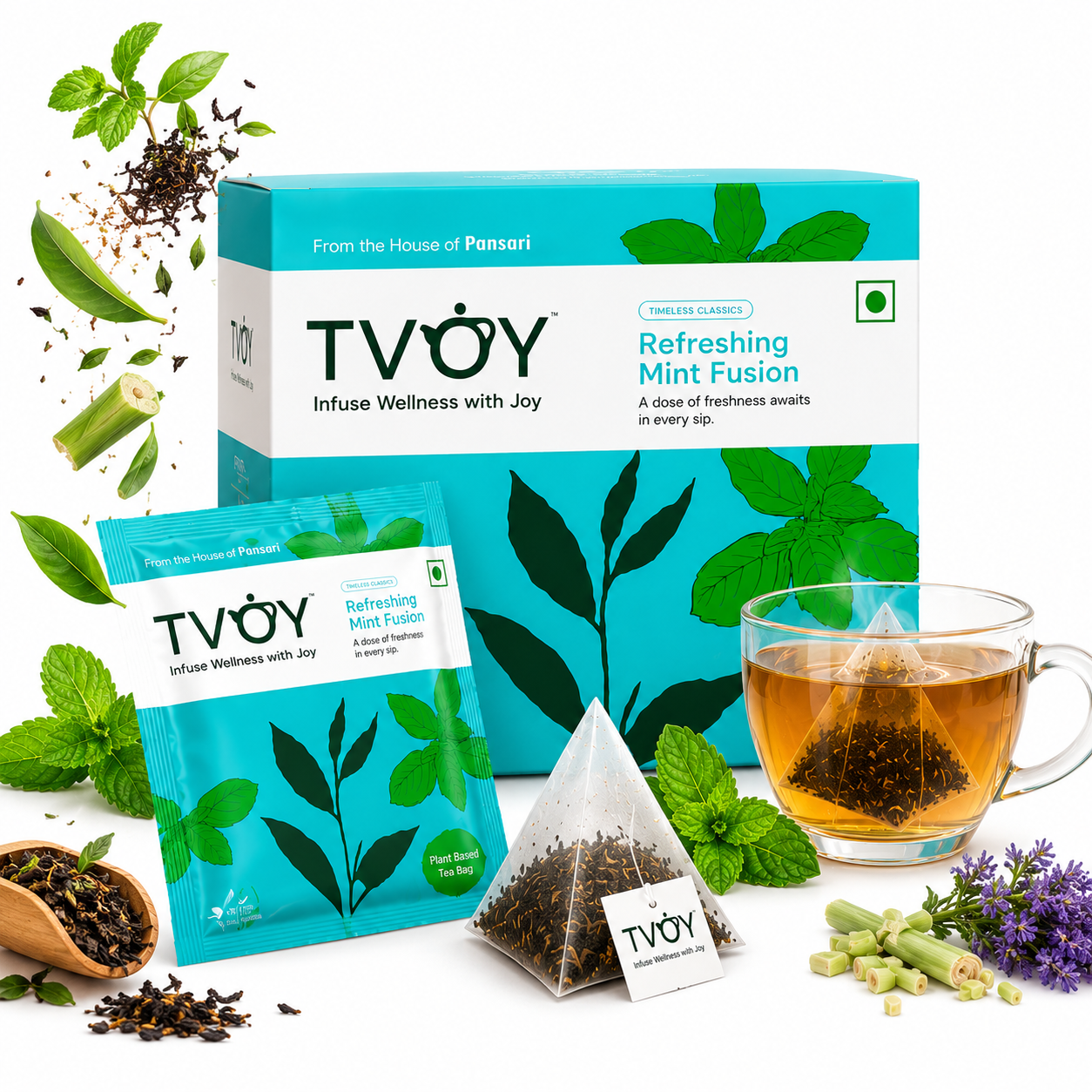 TVOY Mint Green Tea with Spearmint & Peppermint | Digestion & Fresh Breath | 20 Biodegradable Pyramid Tea Bags | No Plastic