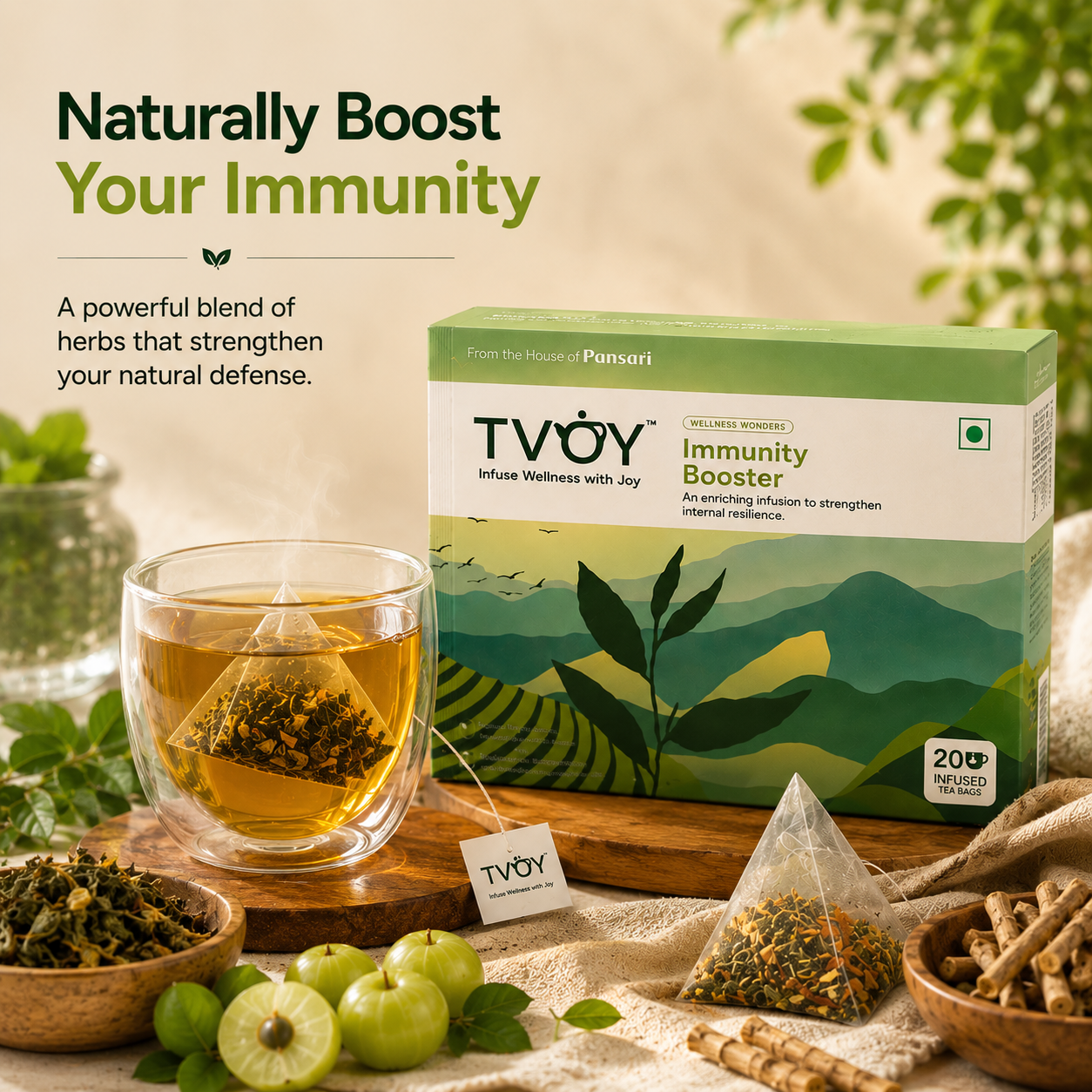 TVOY Immunity Booster Green Tea box with biodegradable pyramid sachet for immunity with Giloy and Ashwagandha
