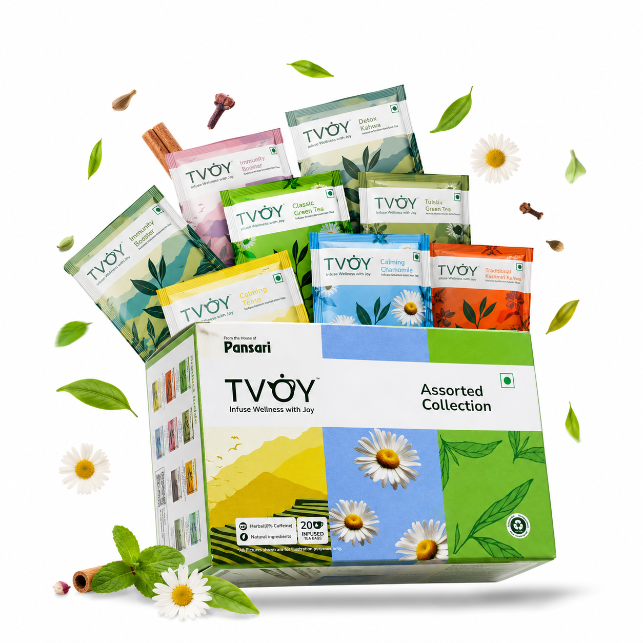 TVOY Wellness Tea Gift Box pack of 20 biodegradable pyramid tea bags for 10 flavors assorted tea sampler for gifting