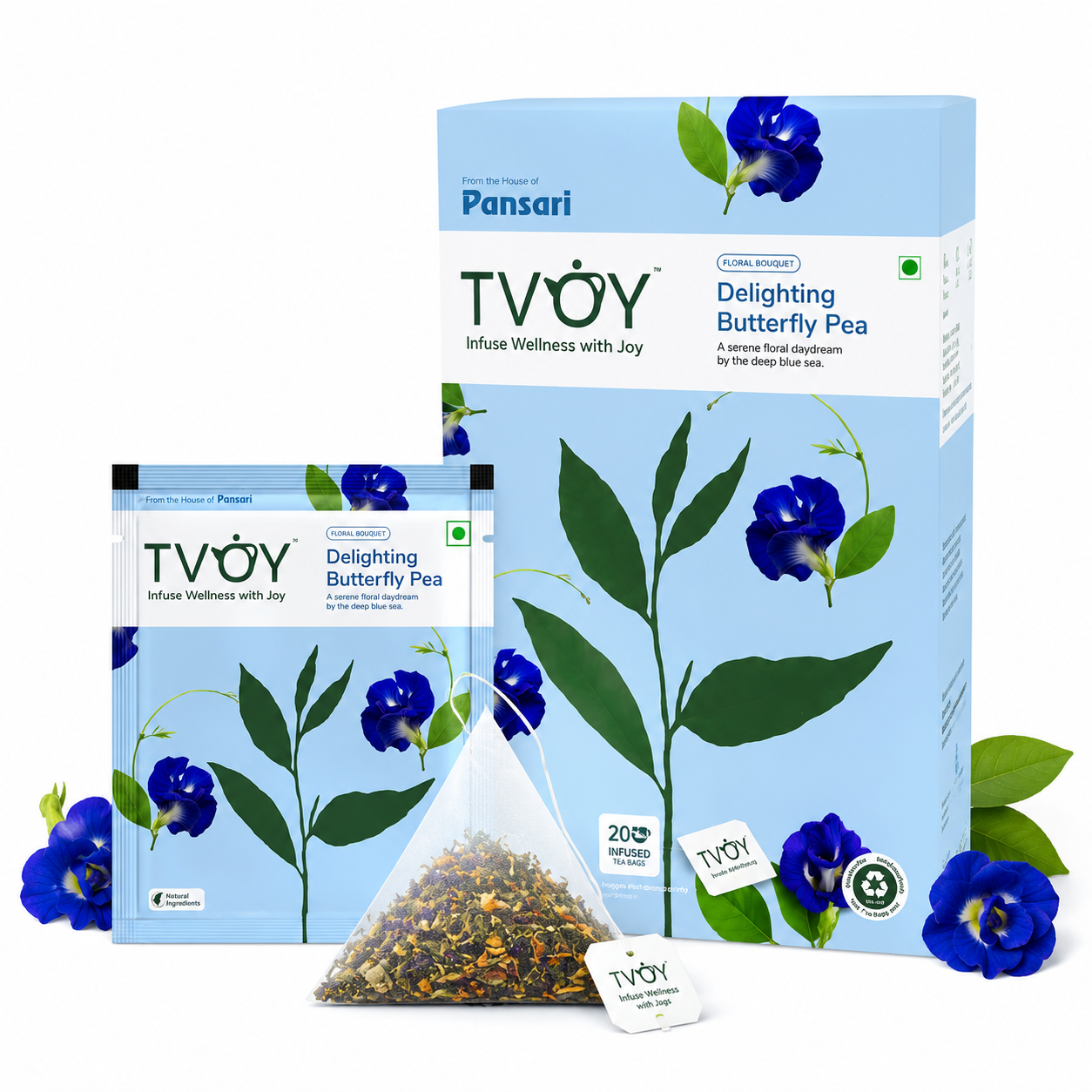 TVOY Butterfly Pea Blue Green Tea whole leaf tea quality — no dust, no artificial flavours
