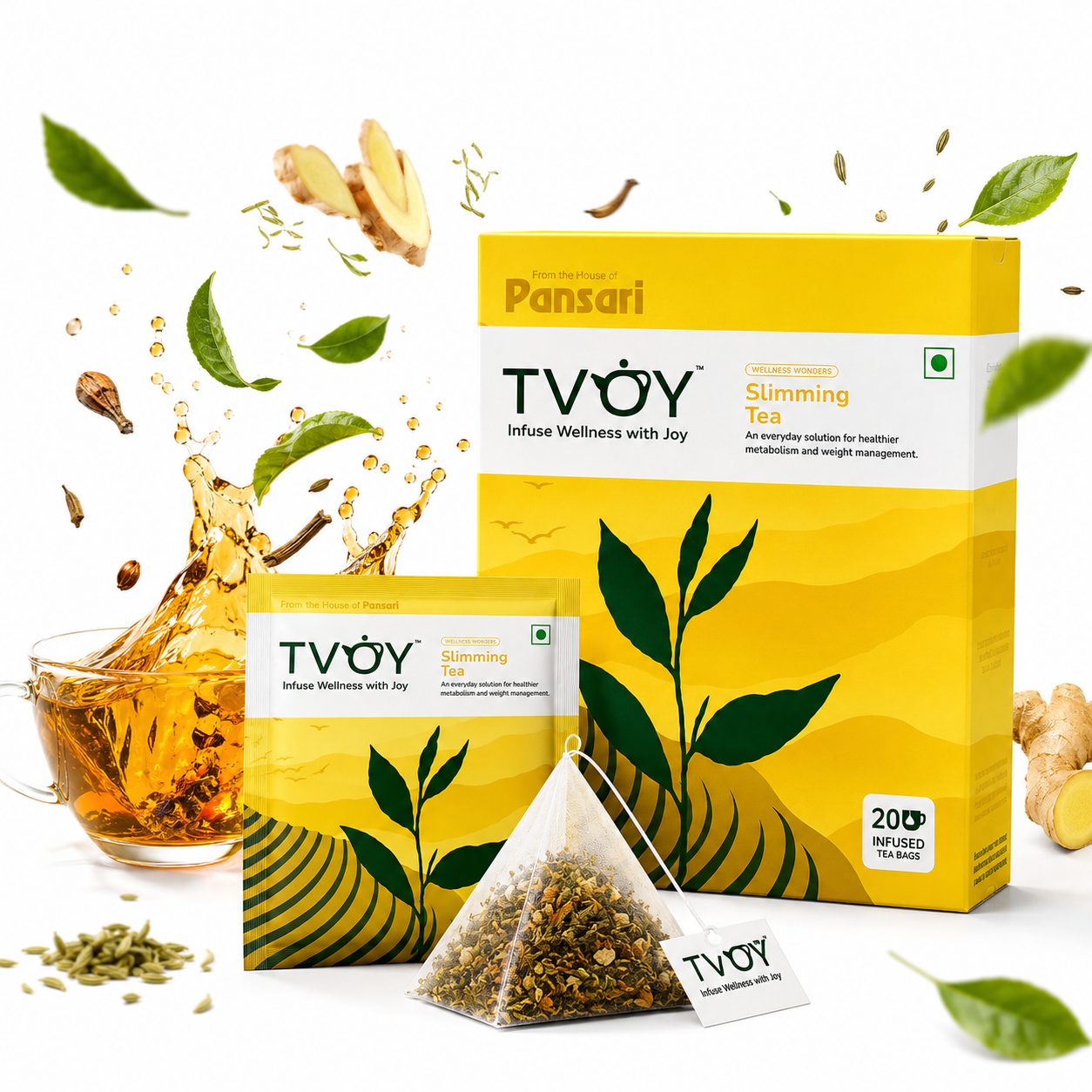 TVOY Slimming Herbal Tea for Weight Loss | Senna, Fennel & Cinnamon Blend | 20 Biodegradable Pyramid Tea Bags | No Plastic