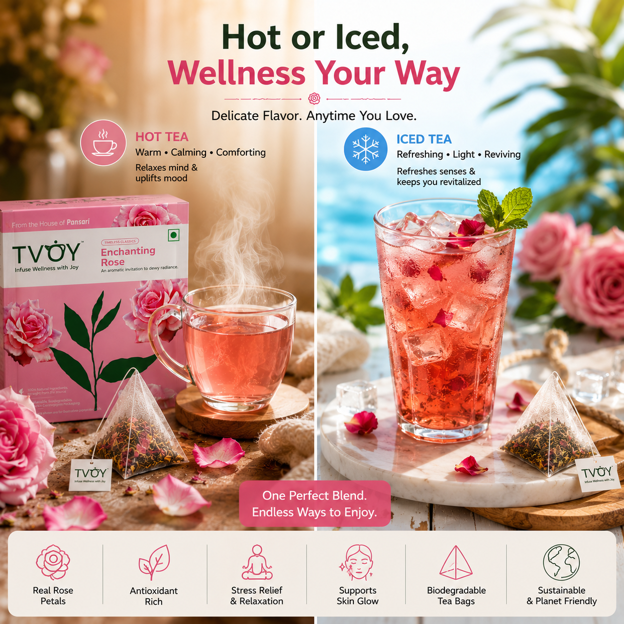 TVOY Rose Green Tea box with biodegradable pyramid sachet for skin glow and stress relief