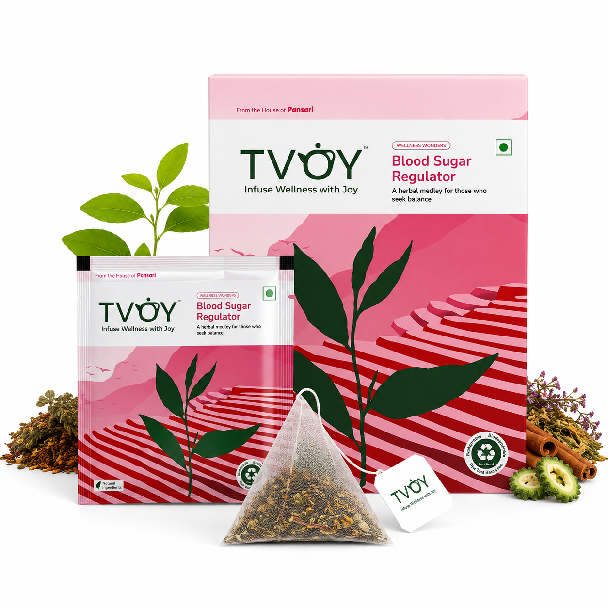 Health benefits of TVOY Blood Sugar Support Tea including diabetes care with karela and ginseng