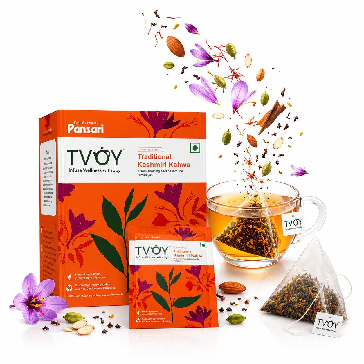TVOY Kashmiri Kahwa Green Tea with Kesar & 12 Spices | Immunity & Warmth | 20 Biodegradable Pyramid Tea Bags | No Plastic