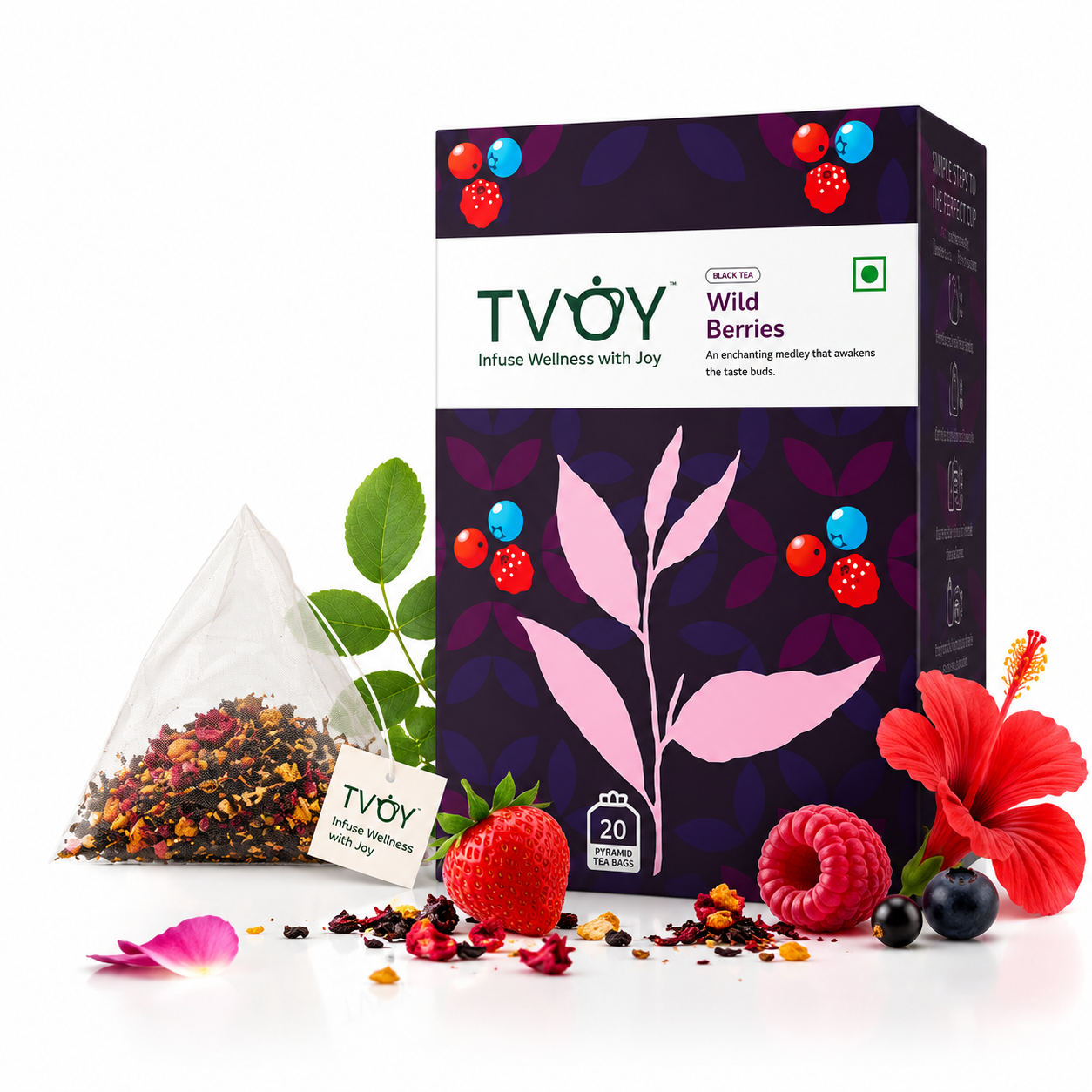 TVOY Wild Berry Hibiscus Tea package label showing ingredients and brewing instructions