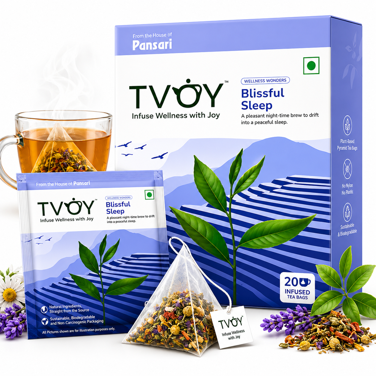 TVOY Herbal Sleep Tea with Chamomile, Rose & Nettle | Caffeine Free | 5 Calming Herbs | 20 Biodegradable Pyramid Tea Bags | No Plastic