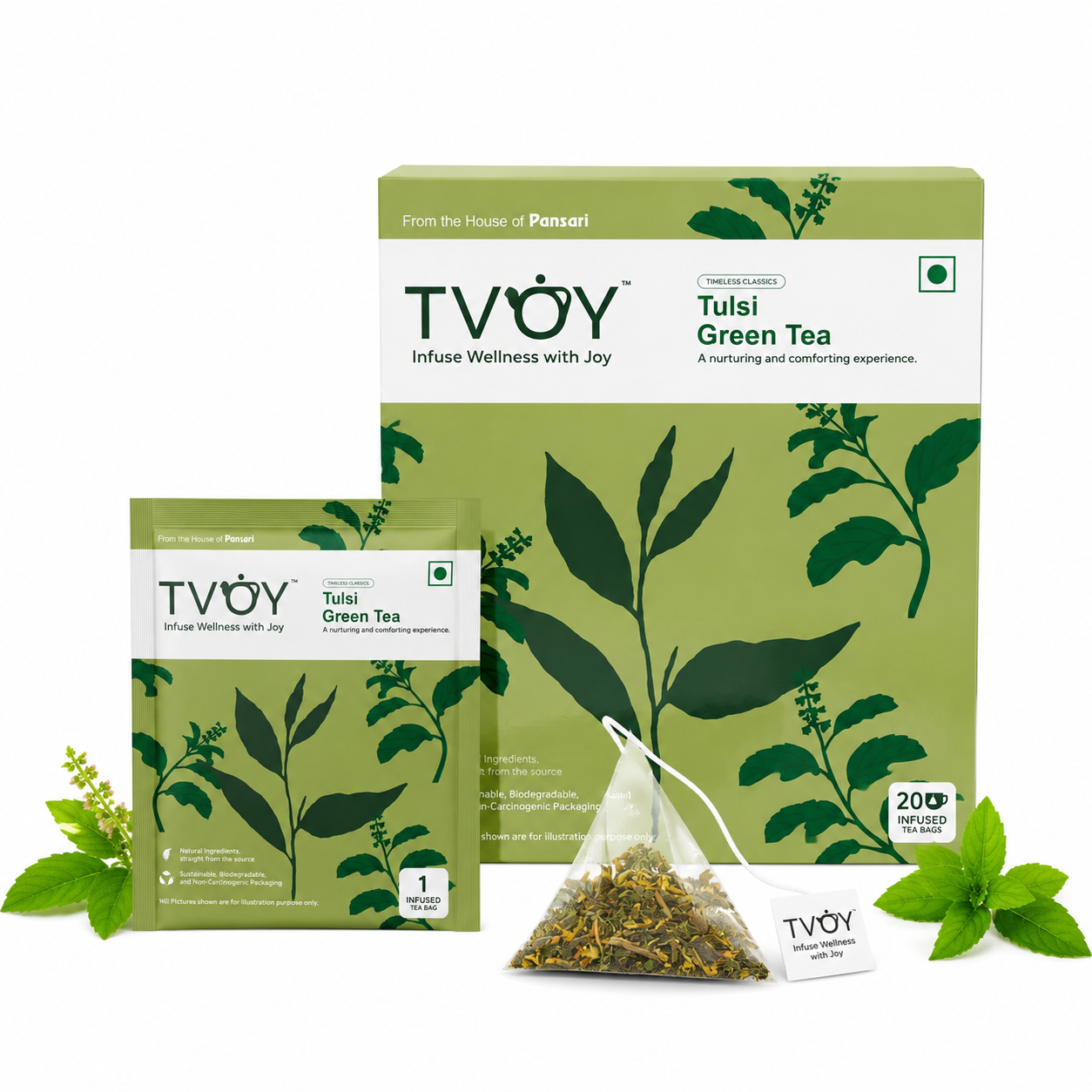 TVOY Tulsi Green Tea whole leaf tea quality — no dust, no artificial flavours