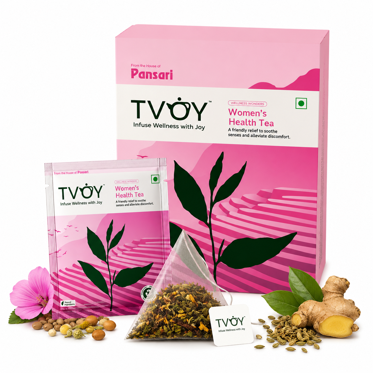 TVOY Period and Hormonal Balance Tea box with biodegradable pyramid sachet for PCOS, cramps and PMS relief