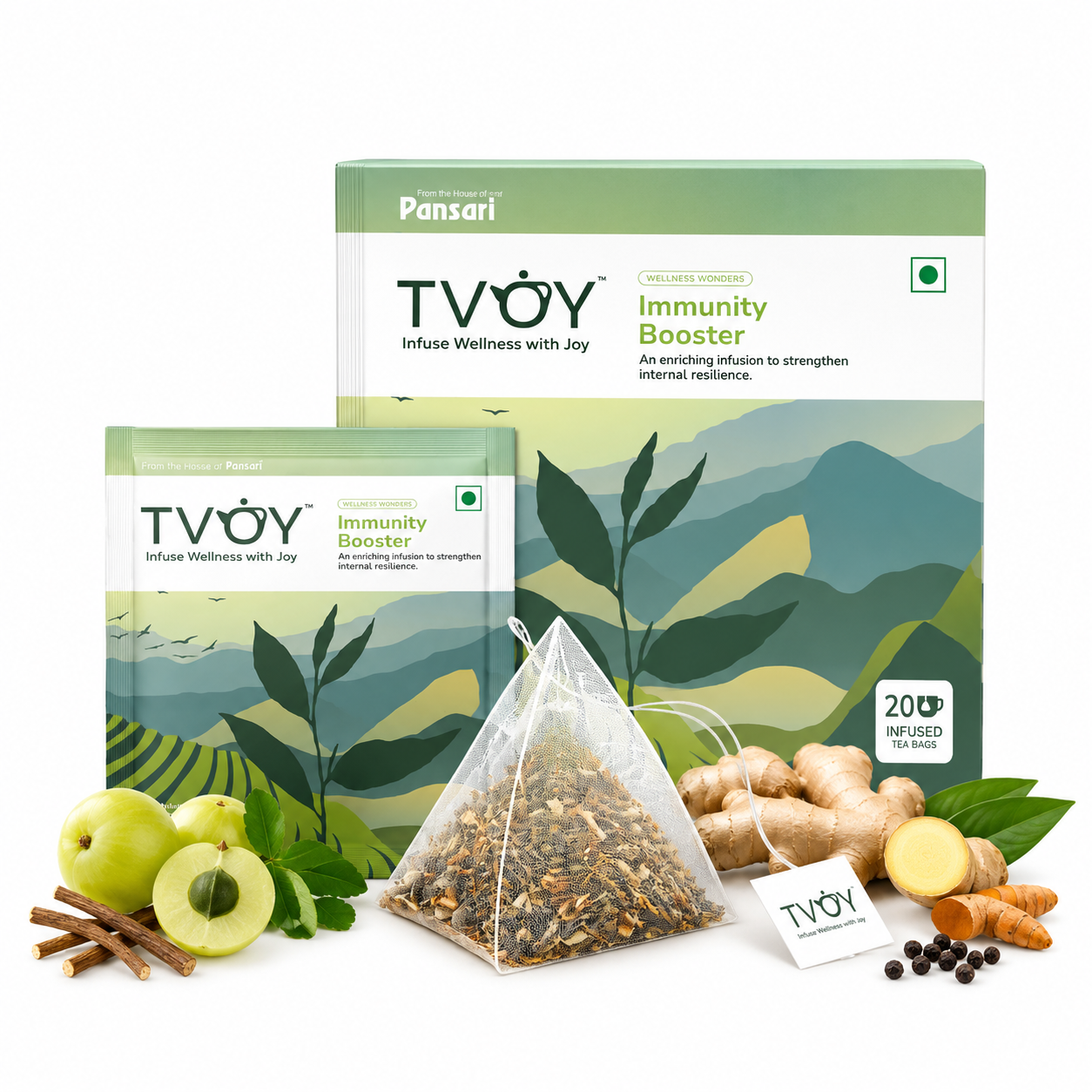 TVOY Ayurvedic Immunity Booster Green Tea | Giloy, Ashwagandha & Amla | 13 Herbs | 20 Biodegradable Pyramid Tea Bags | No Plastic