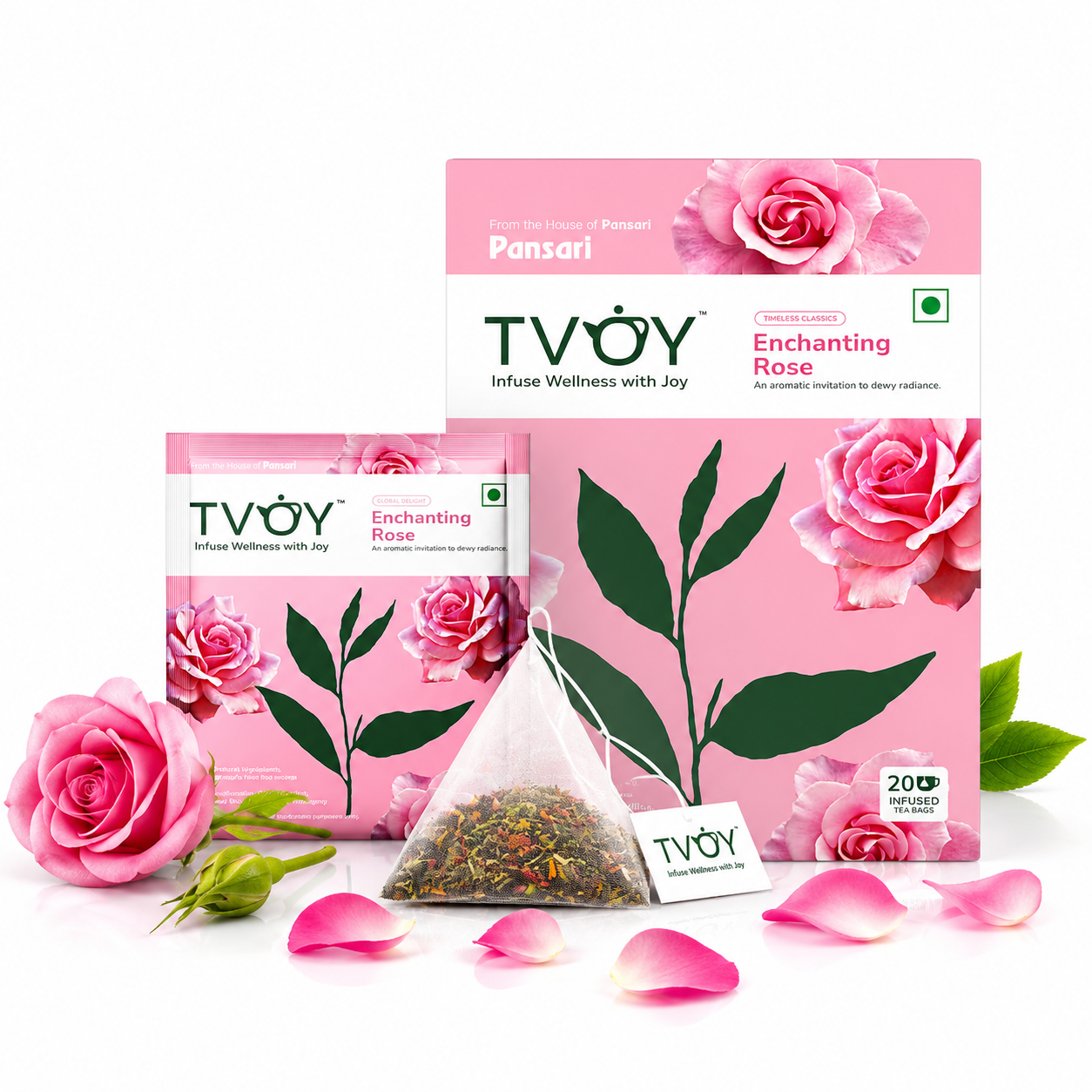 TVOY Rose Green Tea for Skin Glow & Stress Relief | Real Rose Petals | 20 Biodegradable Pyramid Tea Bags | No Plastic