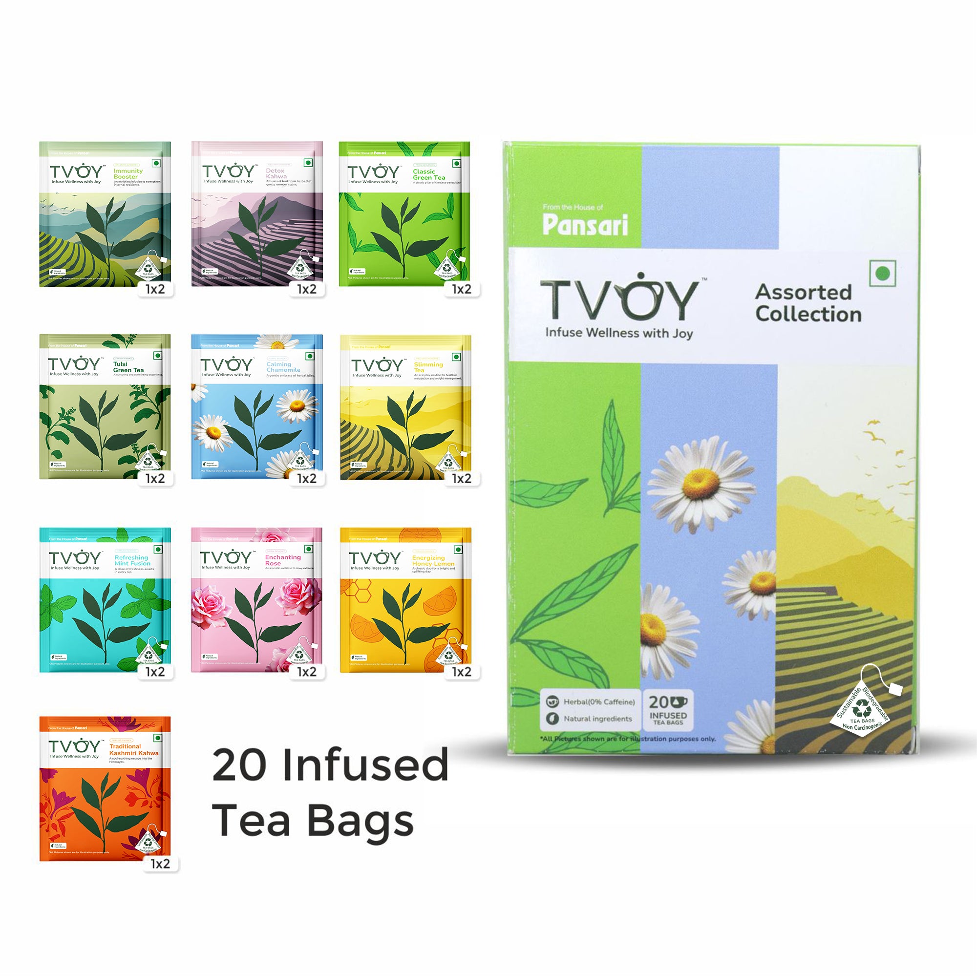 TVOY Wellness Tea Gift Box | 10 Flavors Assorted Tea Sampler | Immunity, Detox, Kahwa, Chamomile & More | 20 Biodegradable Pyramid Tea Bags | No Plastic