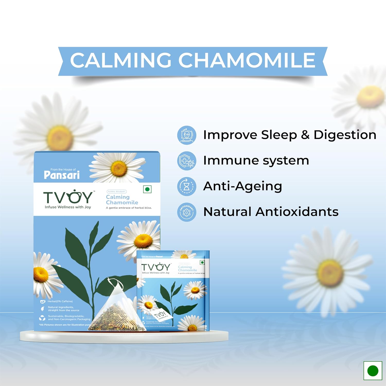 Benefits of TVOY Chamomile Green Tea – promotes relaxation, better sleep, and stress relief