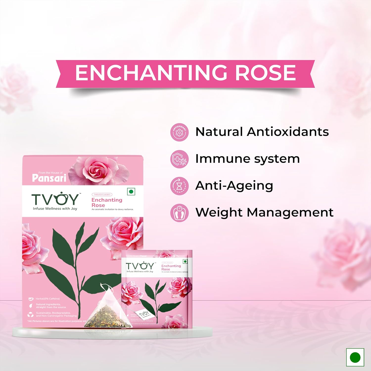 Benefits of TVOY Enchanting Rose Green Tea – supports skin health, soothes the senses, and uplifts mood.