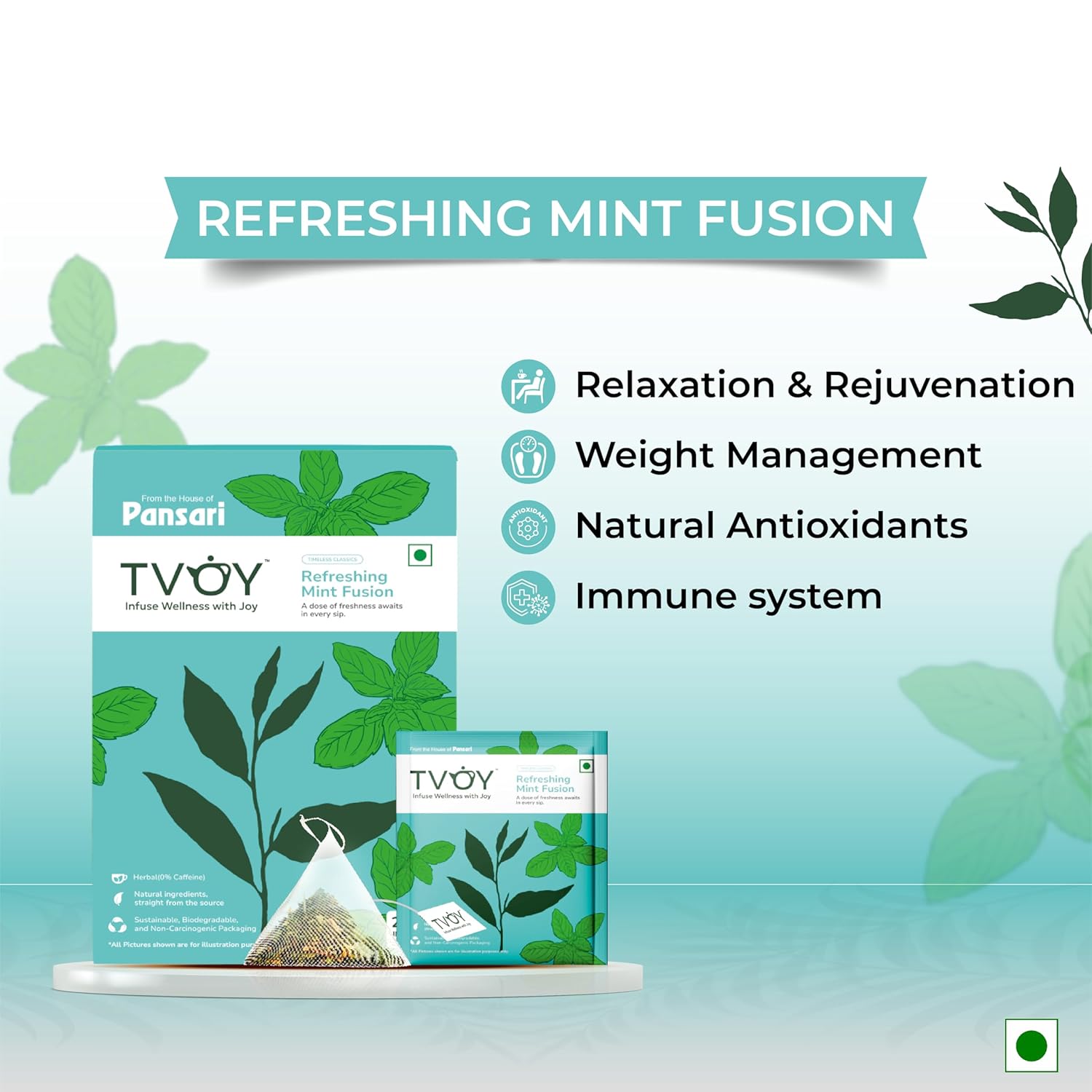 Benefits of TVOY Refreshing Mint Fusion Green Tea – refreshes, aids digestion, and promotes hydration.