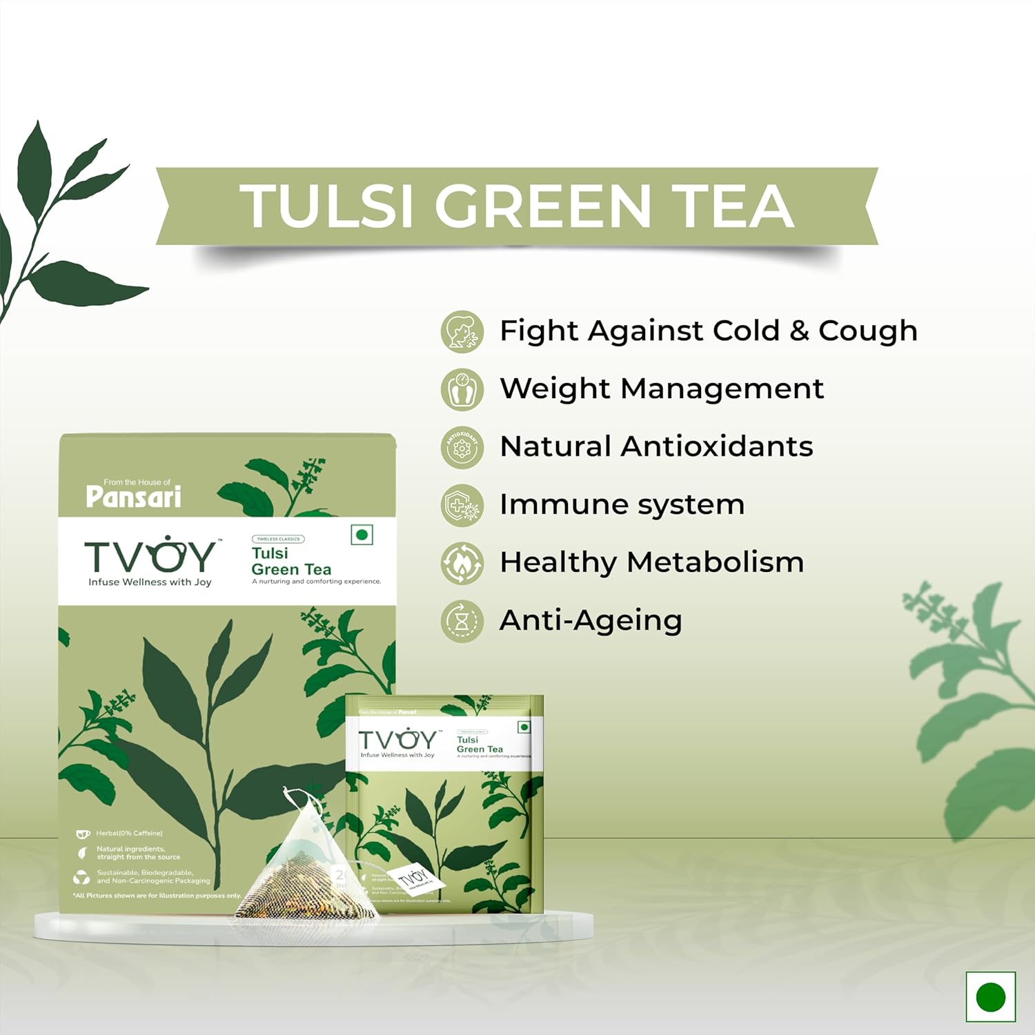 Benefits of TVOY Tulsi Green Tea – supports immunity, reduces stress, and aids digestion.