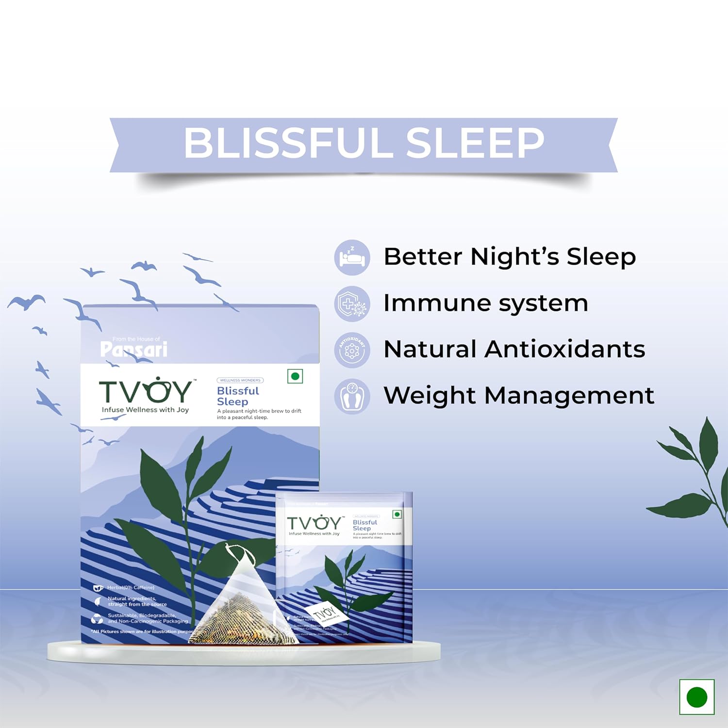 Benefits of Tvoy Blissful Sleep Flavored Tea – promotes restful sleep, reduces stress, and calms the mind.