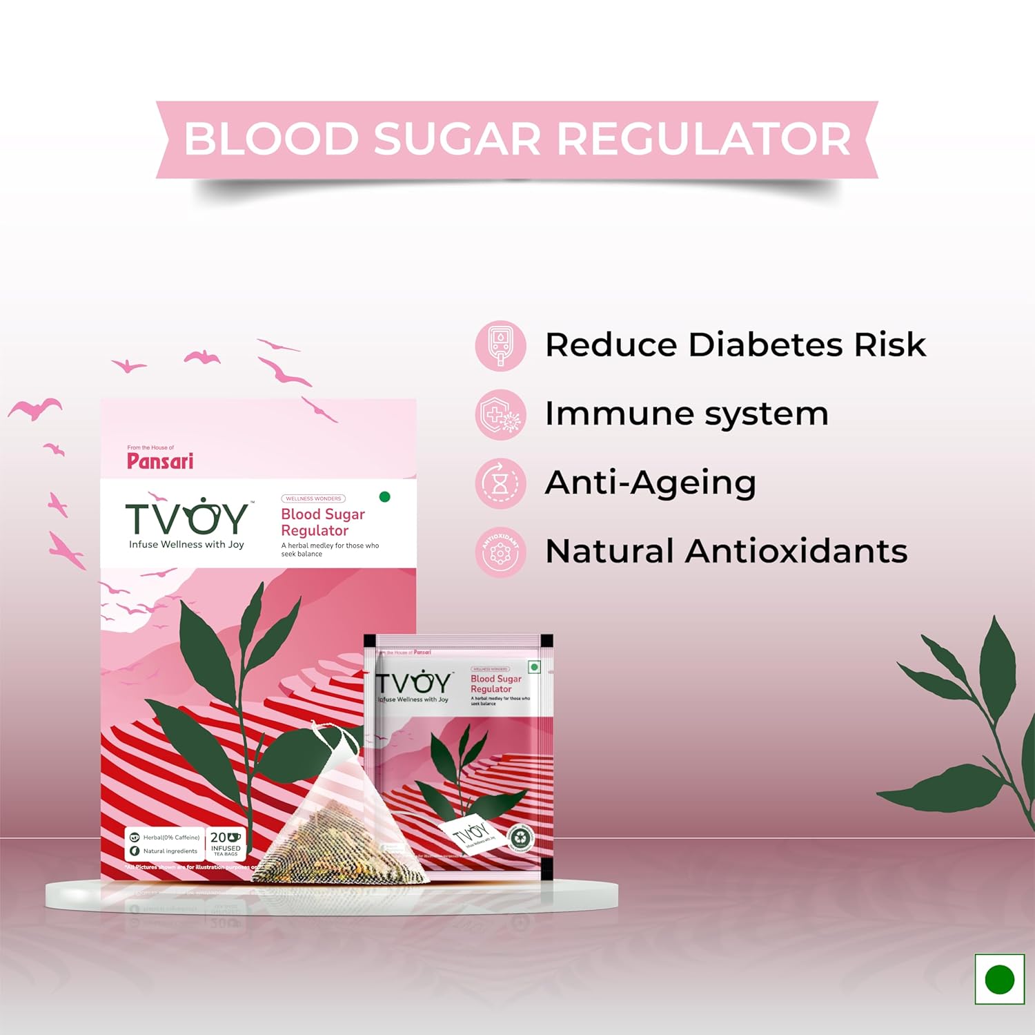 Benefits of Tvoy Blood Sugar Regulator Green Tea – helps regulate blood sugar and promotes metabolic health.