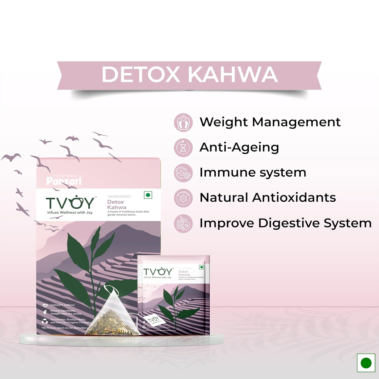 Benefits of Tvoy Detox Kahwa Green Tea – aids digestion, supports detox, and boosts metabolism.