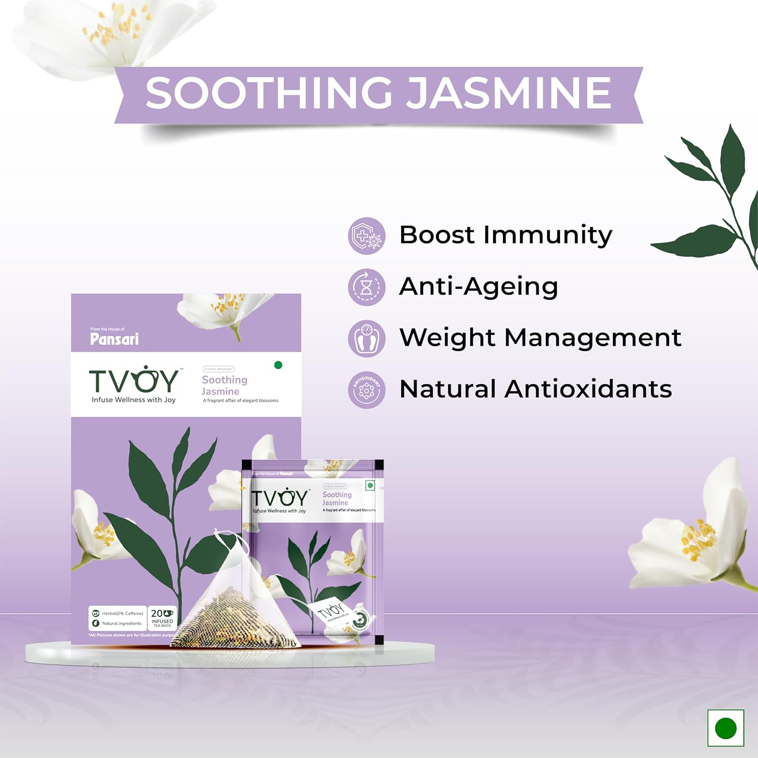 Benefits of Tvoy Soothing Jasmine Floral Tea – supports relaxation, mood balance, and digestion.