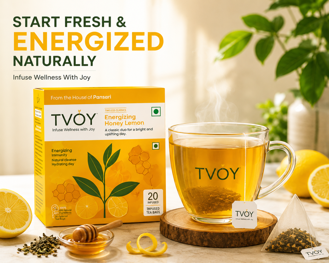 TVOY Honey Lemon Green Tea for Weight Loss | Real Honey Granule & Lemon Peel | 20 Biodegradable Pyramid Tea Bags | No Plastic