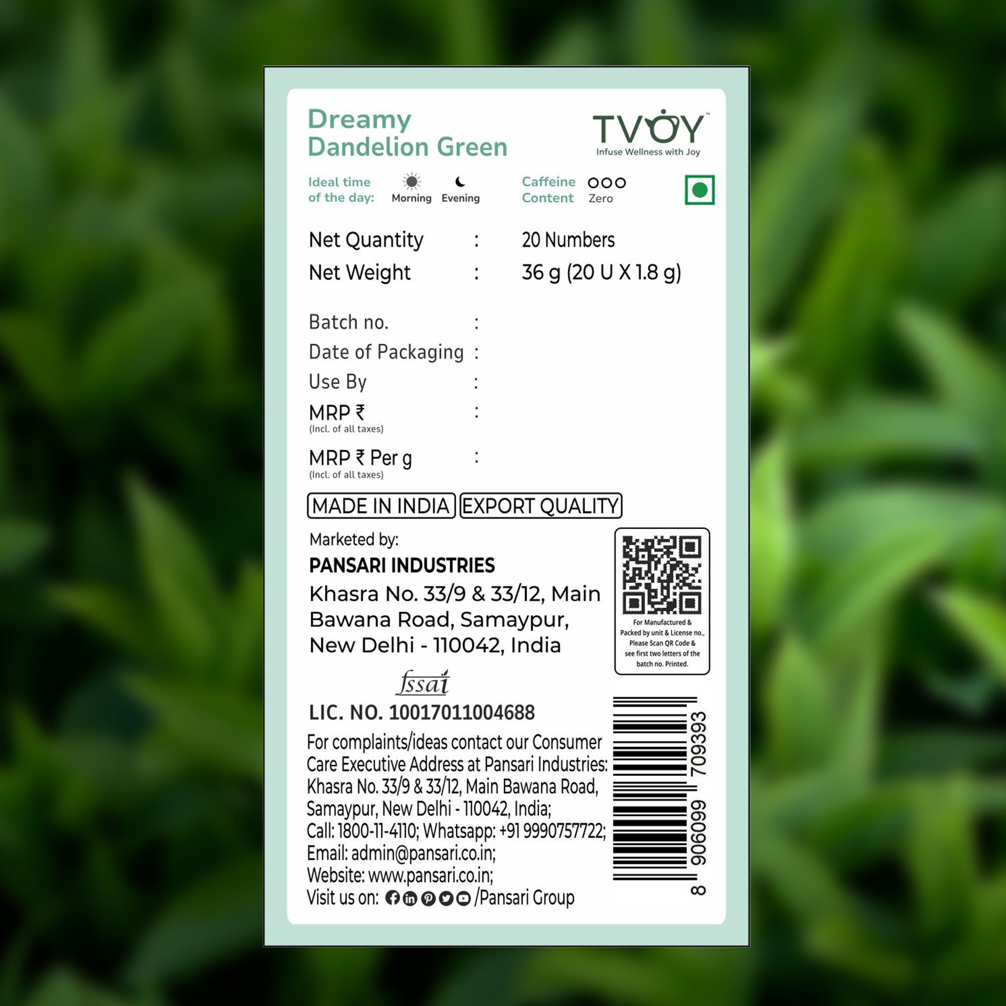 TVOY Liver Detox Tea with Dandelion Root, Milk Thistle & 12 Herbs | Body Cleanse | 20 Biodegradable Pyramid Tea Bags | No Plastic