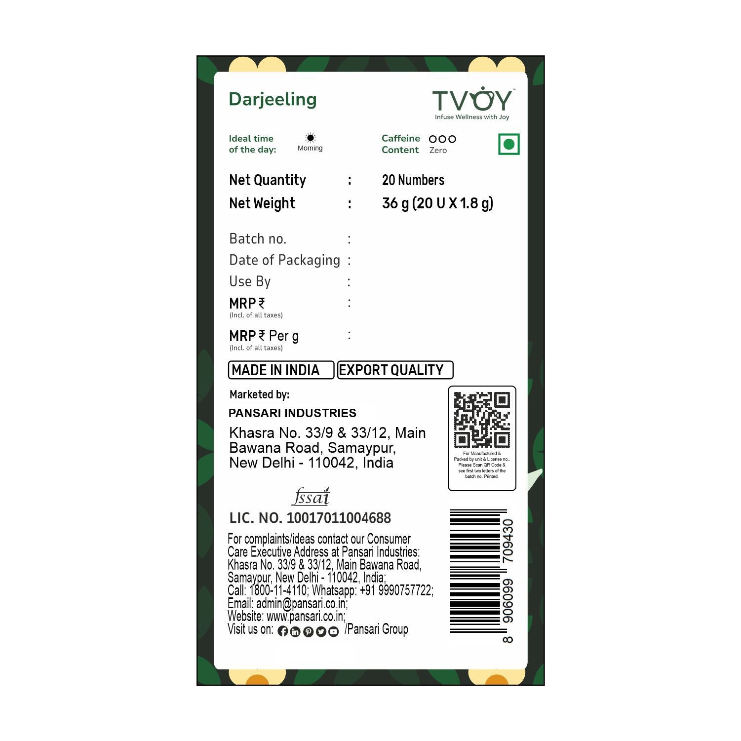 Tvoy Darjeeling Black Tea | 20 Biodegradable Tea Bags