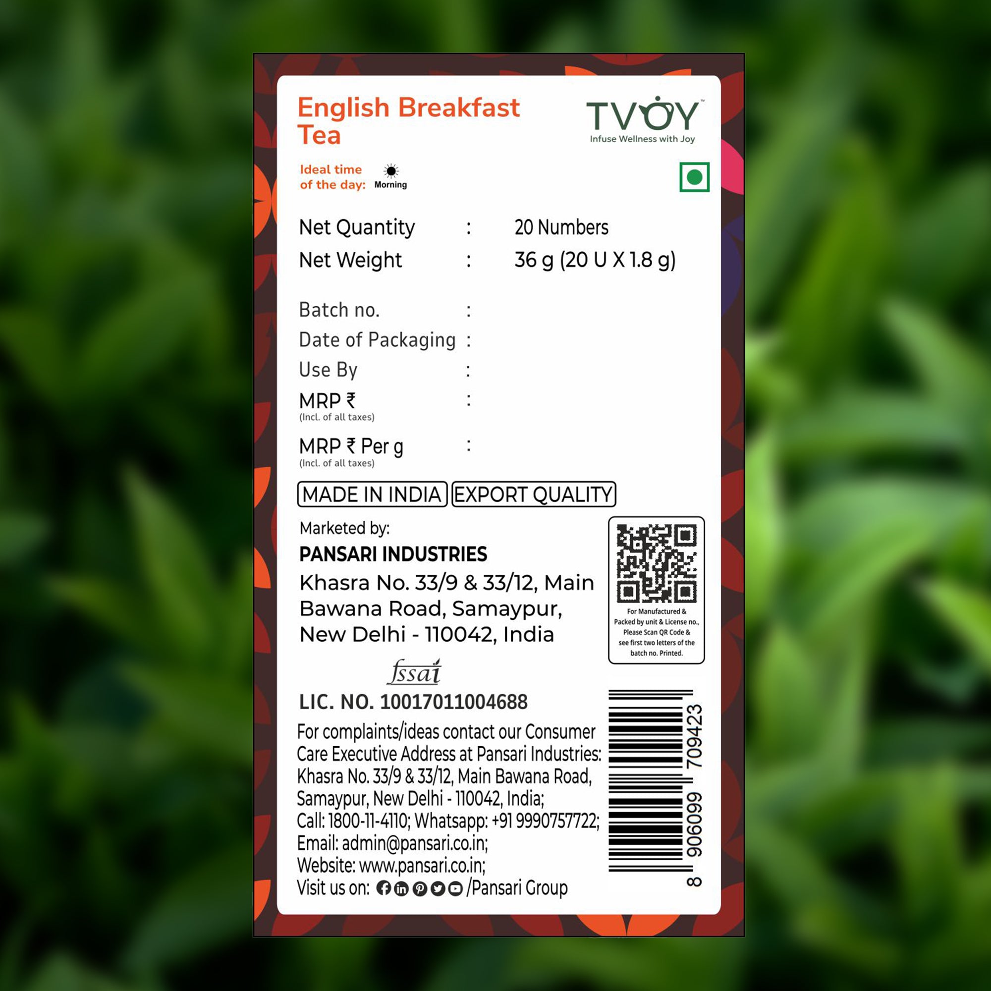 TVOY English Breakfast Black Tea with Chicory Root & Cocoa | Bold Morning Tea | 20 Biodegradable Pyramid Tea Bags | No Plastic
