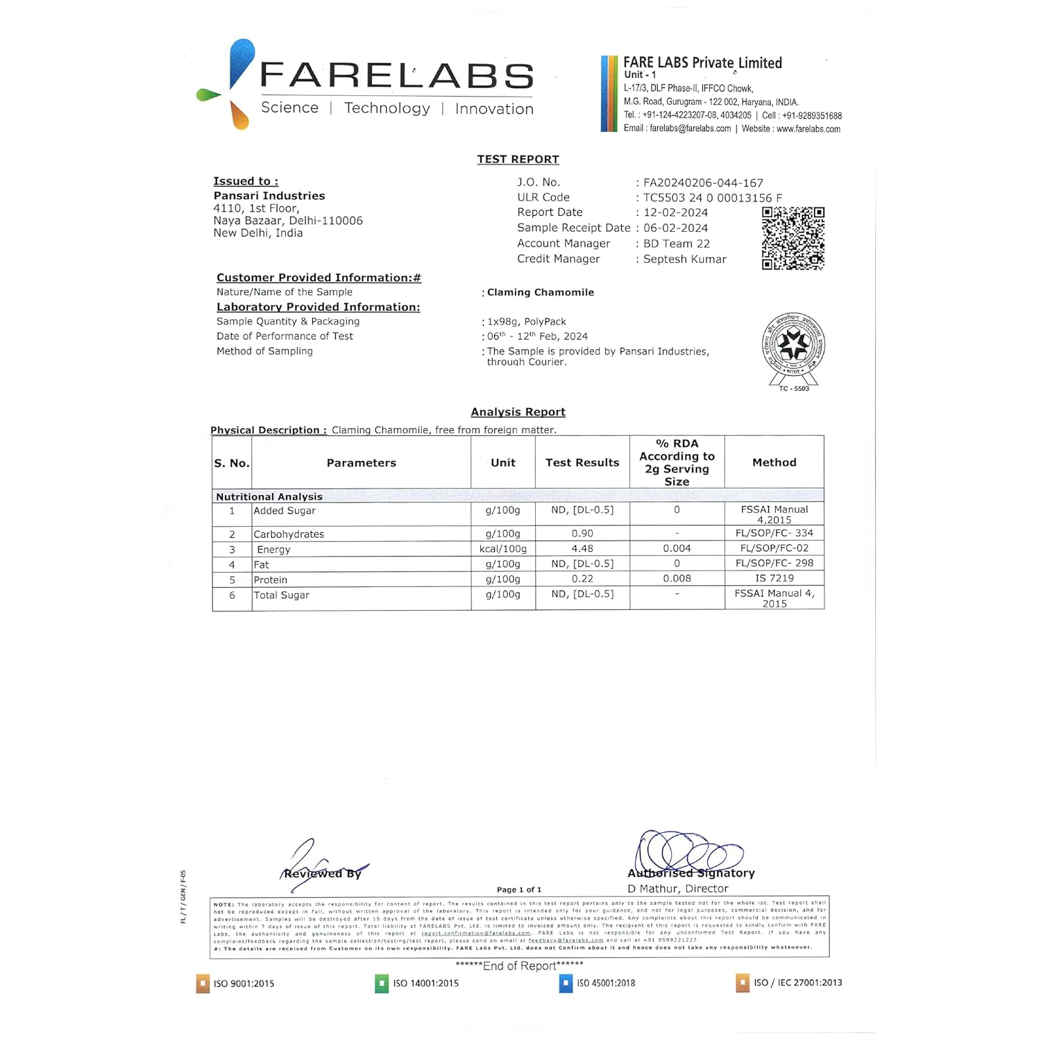 Farelabs test report for TVOY Chamomile Green Tea – verified for purity and safety