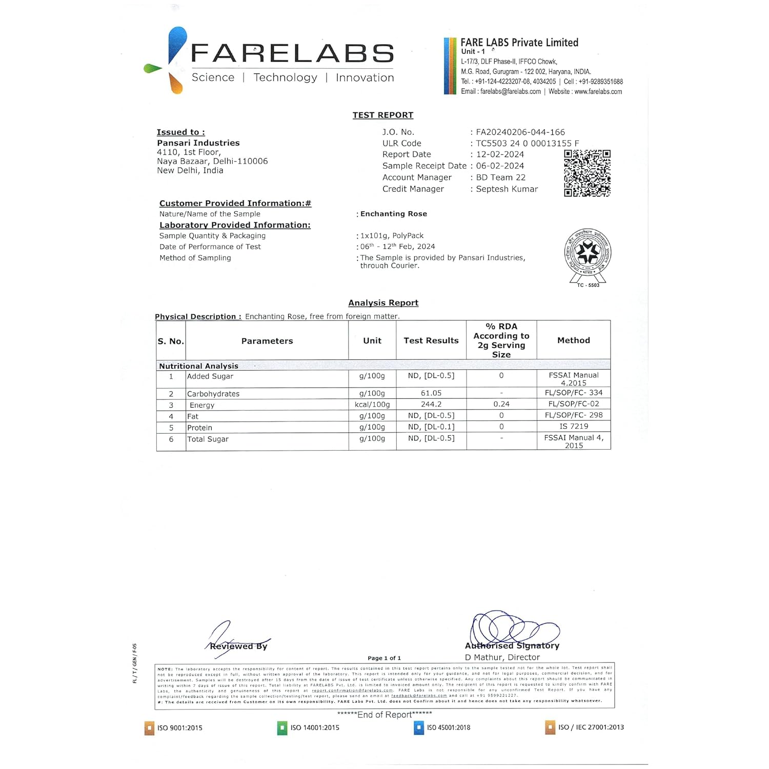 Farelabs test report for TVOY Enchanting Rose Green Tea – certified for purity, quality, and safety.