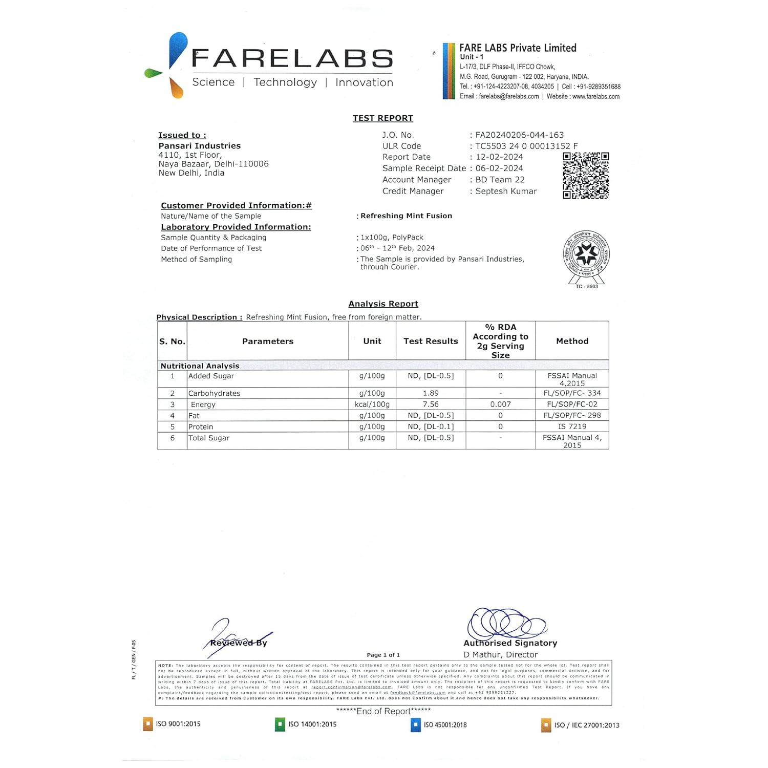 Farelabs test report for TVOY Mint Fusion Green Tea – certified for purity and quality.