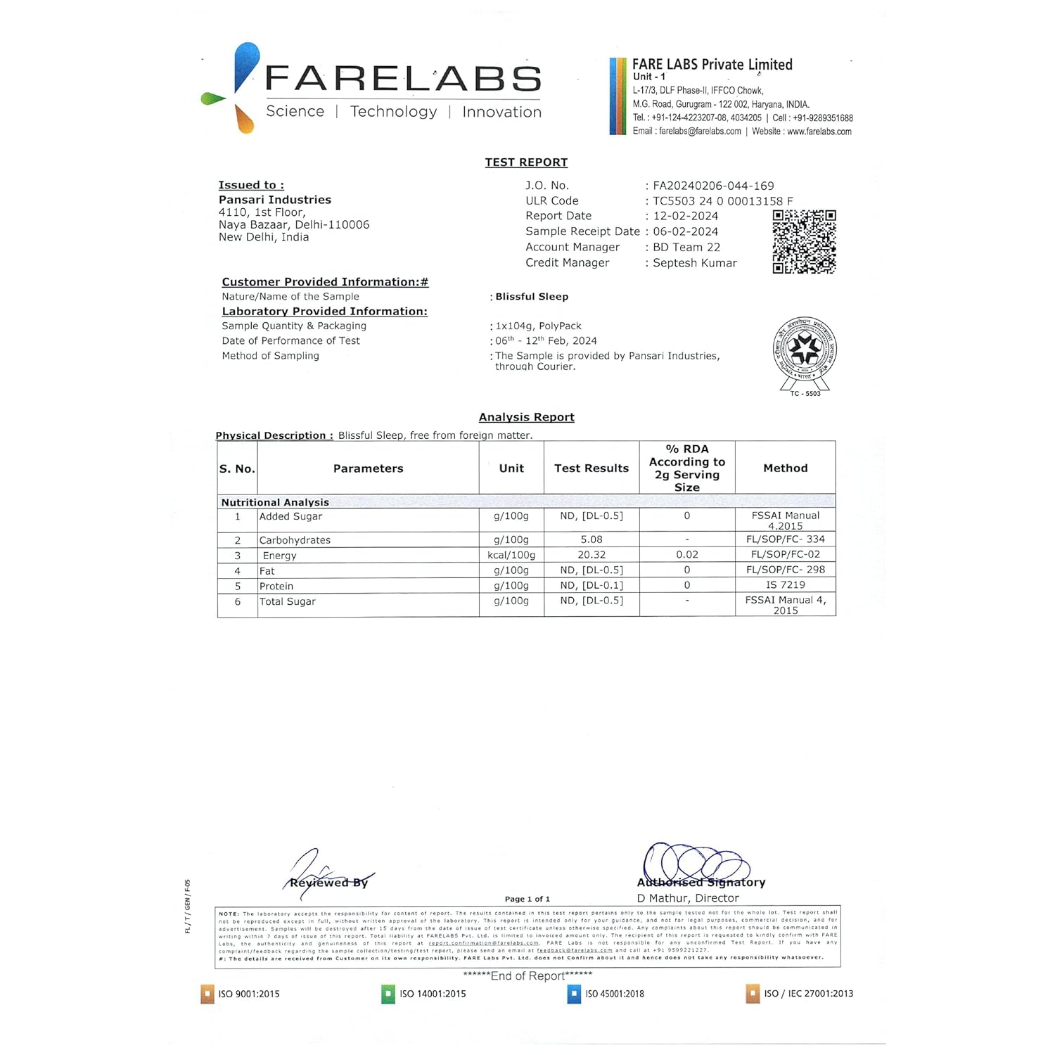 Farelabs test report for Tvoy Blissful Sleep Flavored Tea – quality and safety assurance.