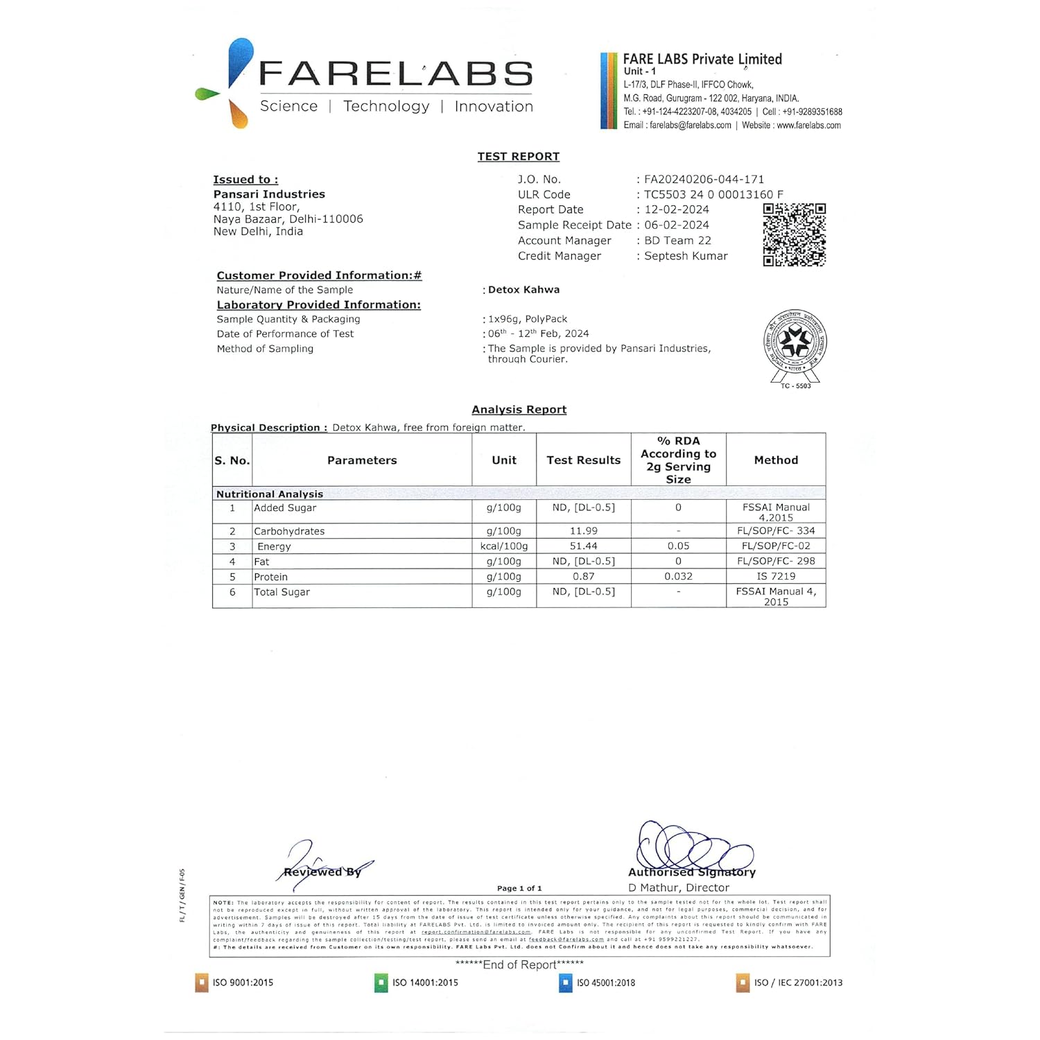 Farelabs test report for Tvoy Detox Kahwa Green Tea – lab-tested for quality and purity