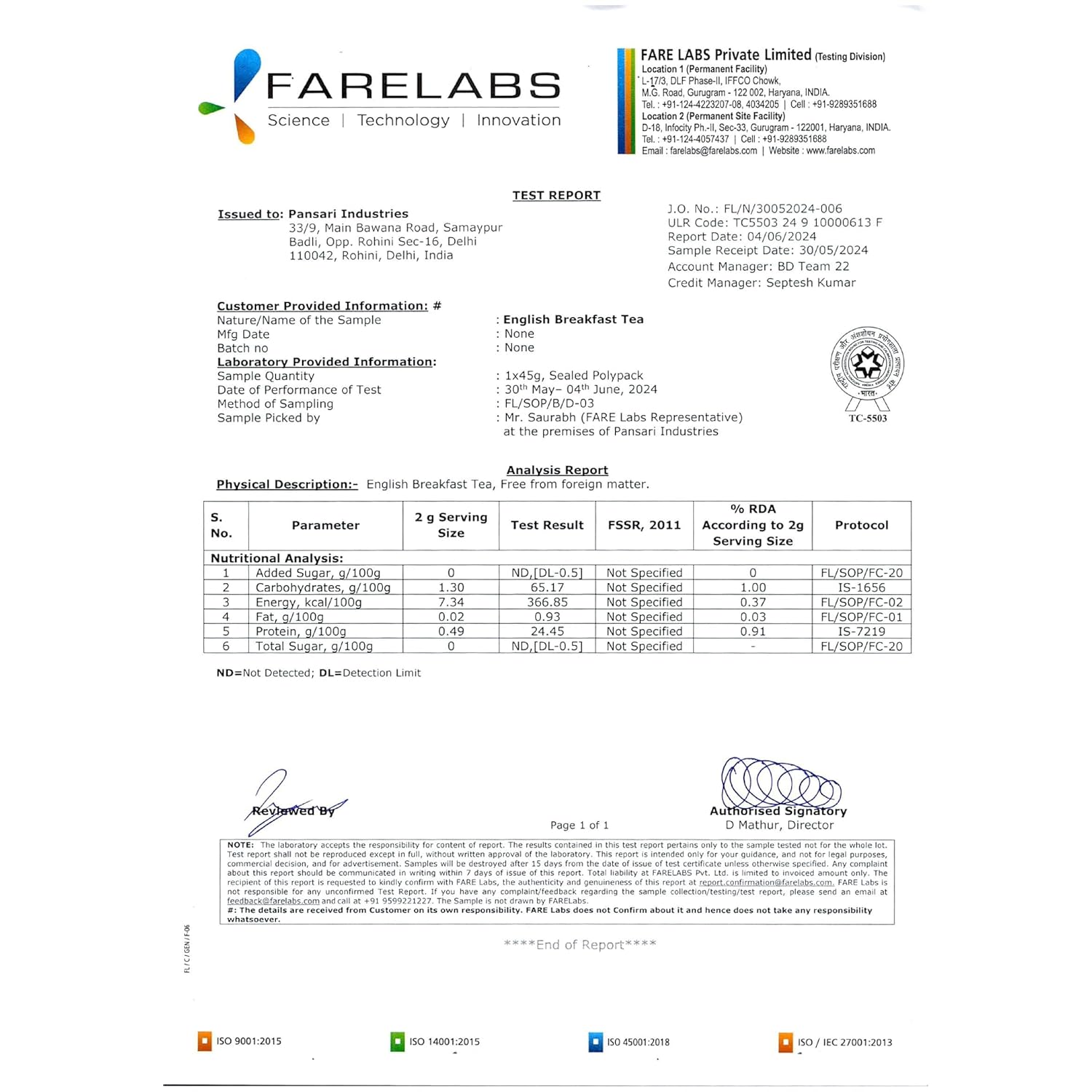 Farelabs test report for Tvoy English Breakfast Black Tea – lab-tested for purity and quality