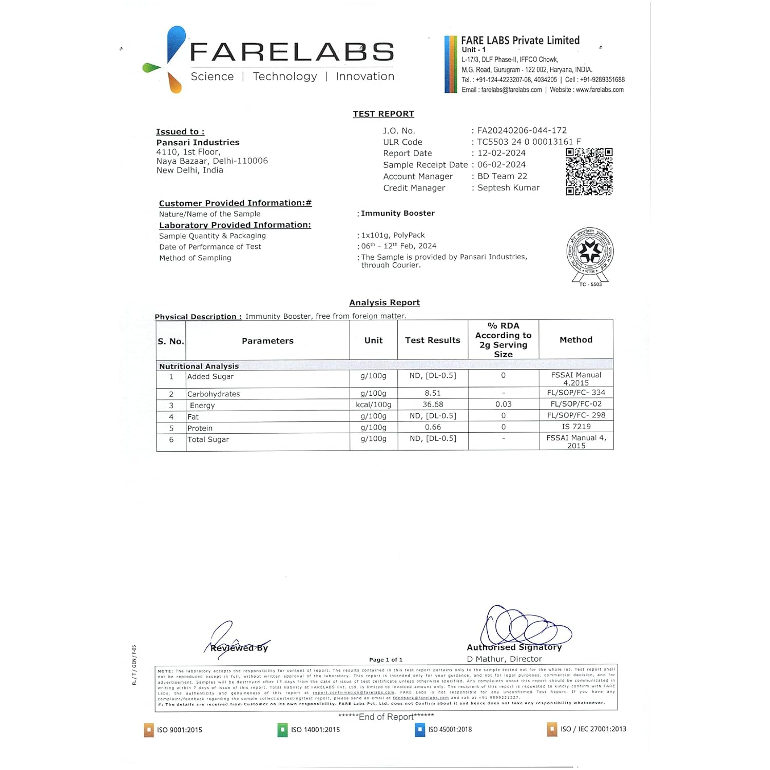 Farelabs test report for Tvoy Immunity Booster Green Tea – lab-tested for quality and safety.