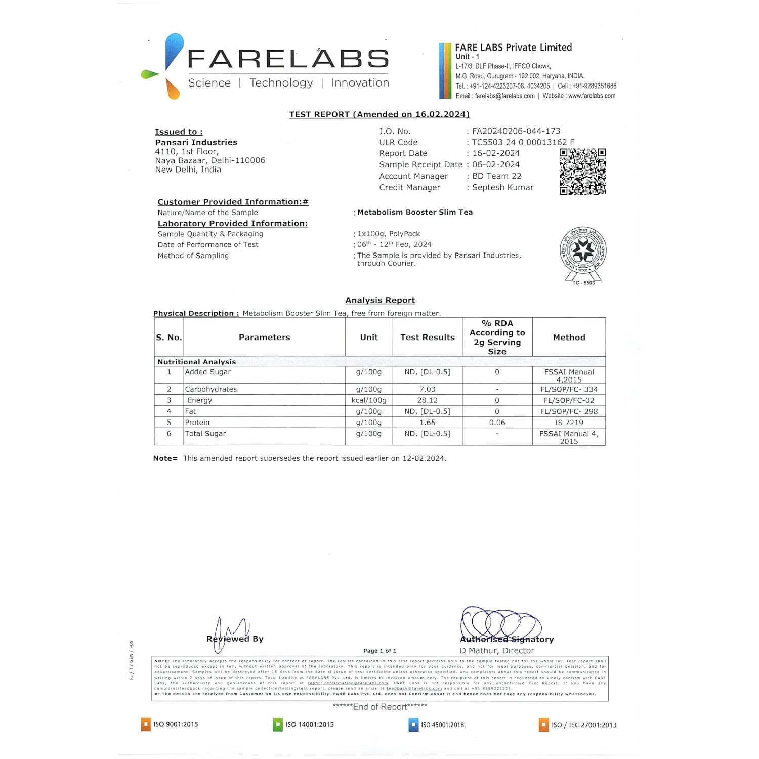 Farelabs test report for Tvoy Slimming Green Tea – lab-tested for quality assurance and safety.