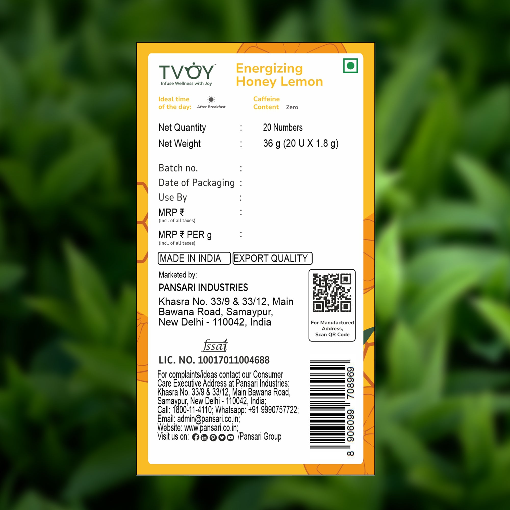TVOY Honey Lemon Green Tea for Weight Loss | Real Honey Granule & Lemon Peel | 20 Biodegradable Pyramid Tea Bags | No Plastic