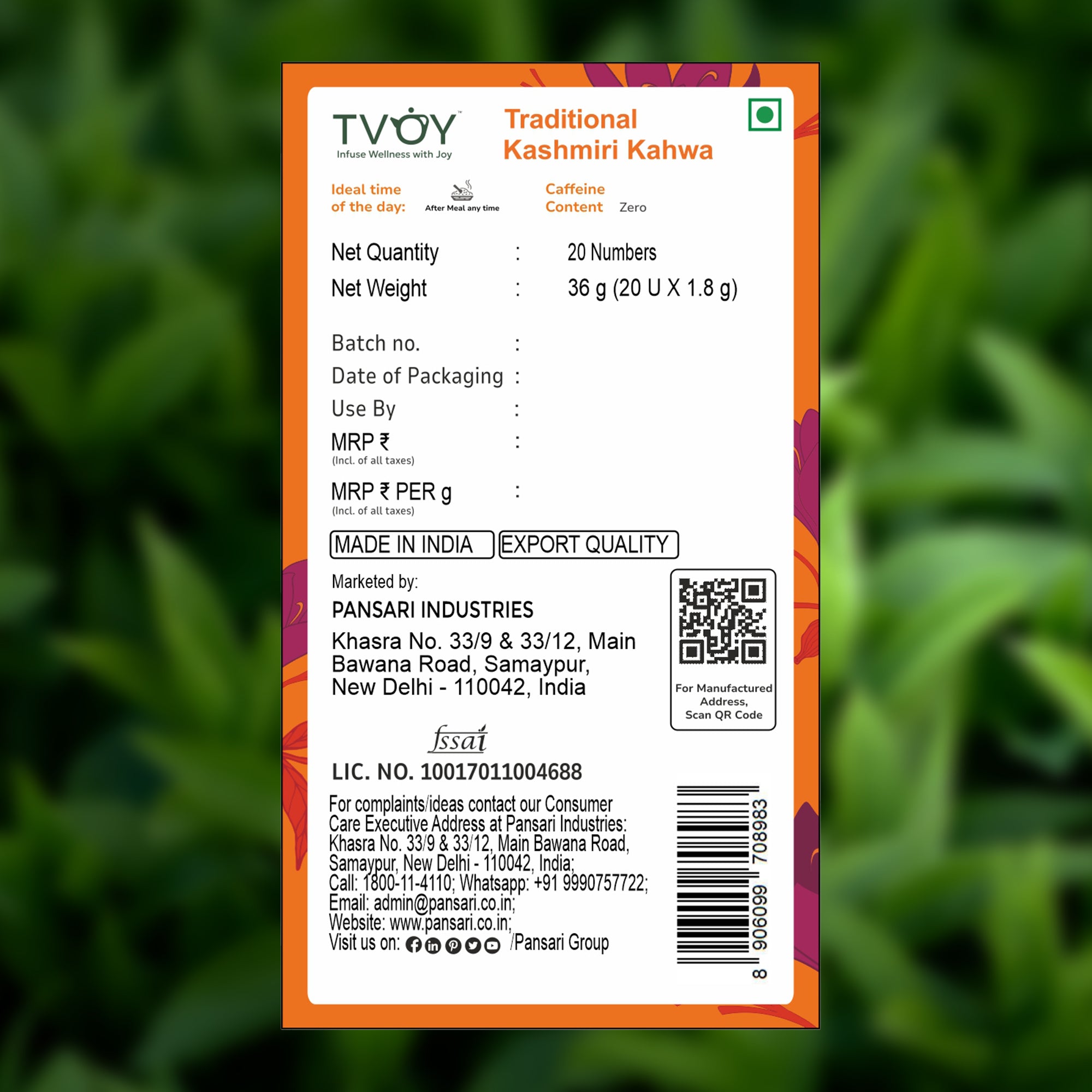 TVOY Kashmiri Kahwa Green Tea with Kesar & 12 Spices | Immunity & Warmth | 20 Biodegradable Pyramid Tea Bags | No Plastic