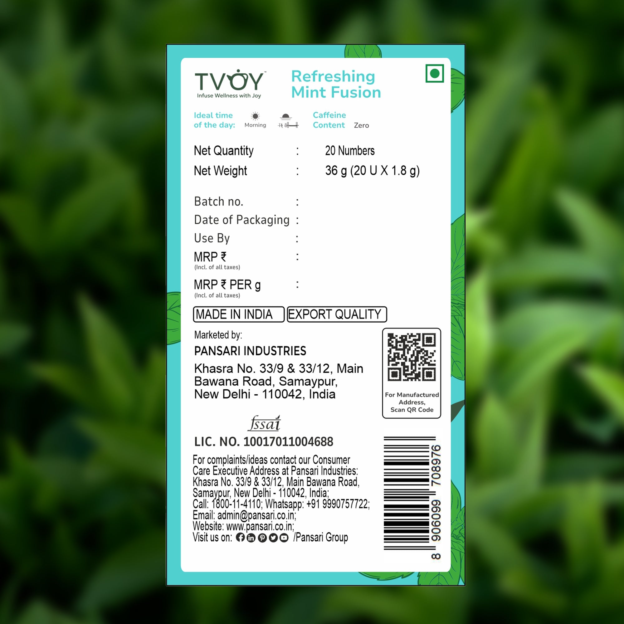 TVOY Mint Green Tea with Spearmint & Peppermint | Digestion & Fresh Breath | 20 Biodegradable Pyramid Tea Bags | No Plastic