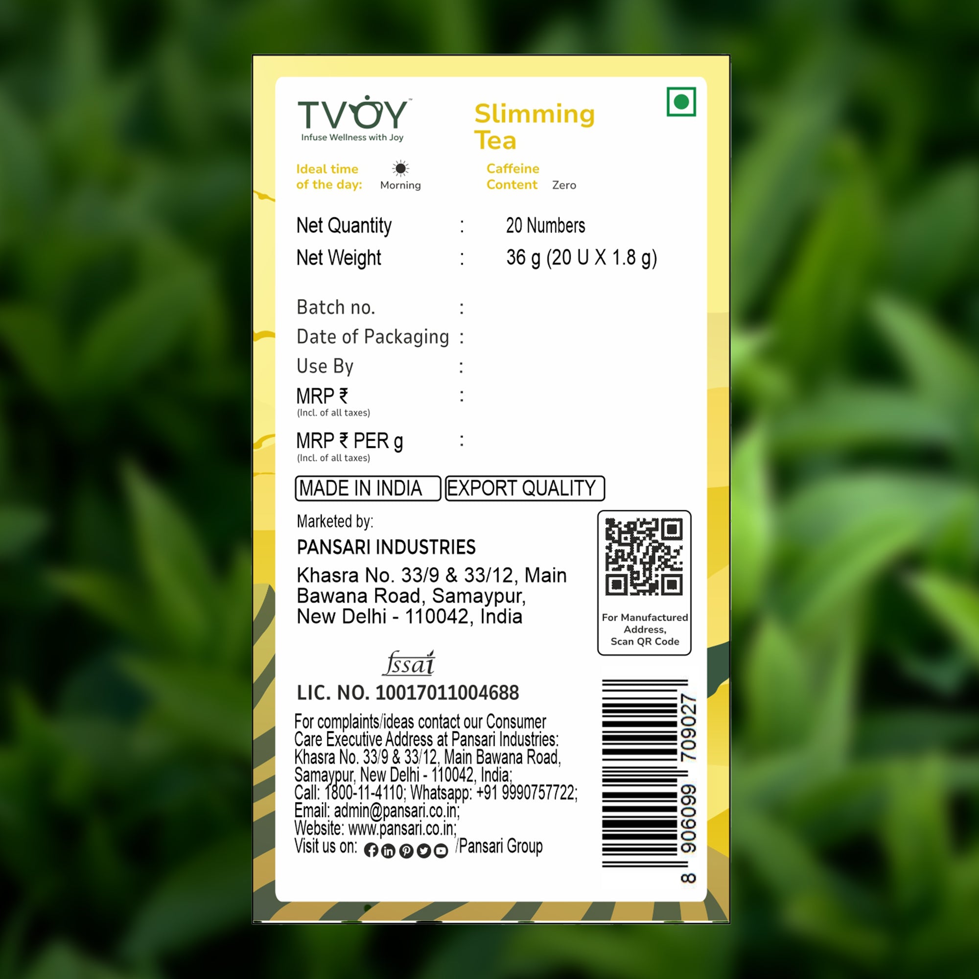 TVOY Slimming Herbal Tea for Weight Loss | Senna, Fennel & Cinnamon Blend | 20 Biodegradable Pyramid Tea Bags | No Plastic