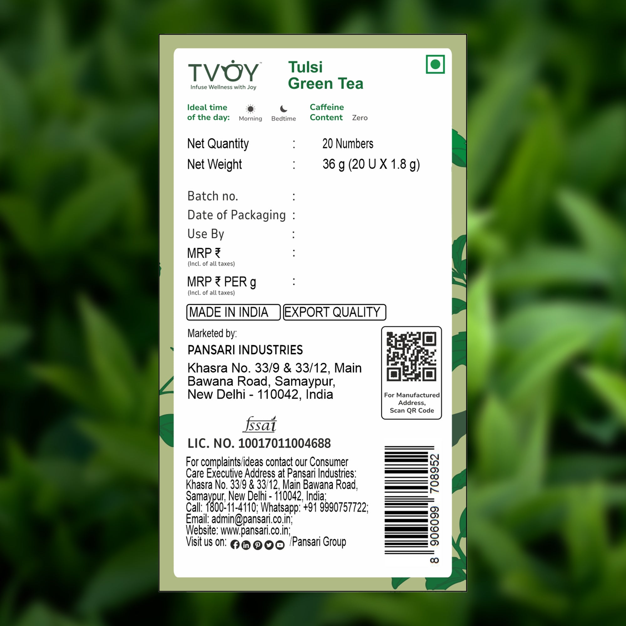 TVOY Organic Tulsi Green Tea | Immunity & Stress Relief | 20 Biodegradable Pyramid Tea Bags | No Plastic