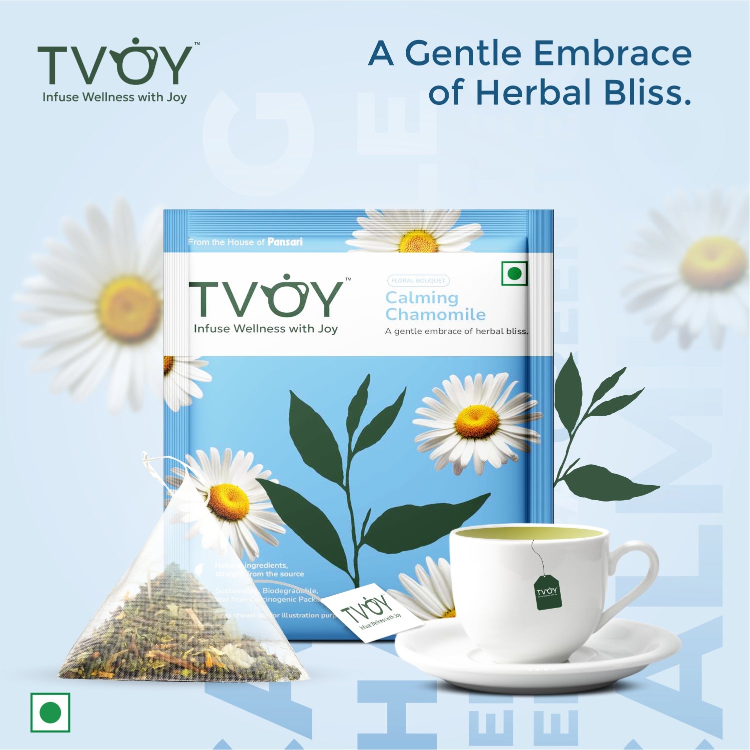TVOY Calming Chamomile Green Tea – soothing green tea blend with dried chamomile flowers
