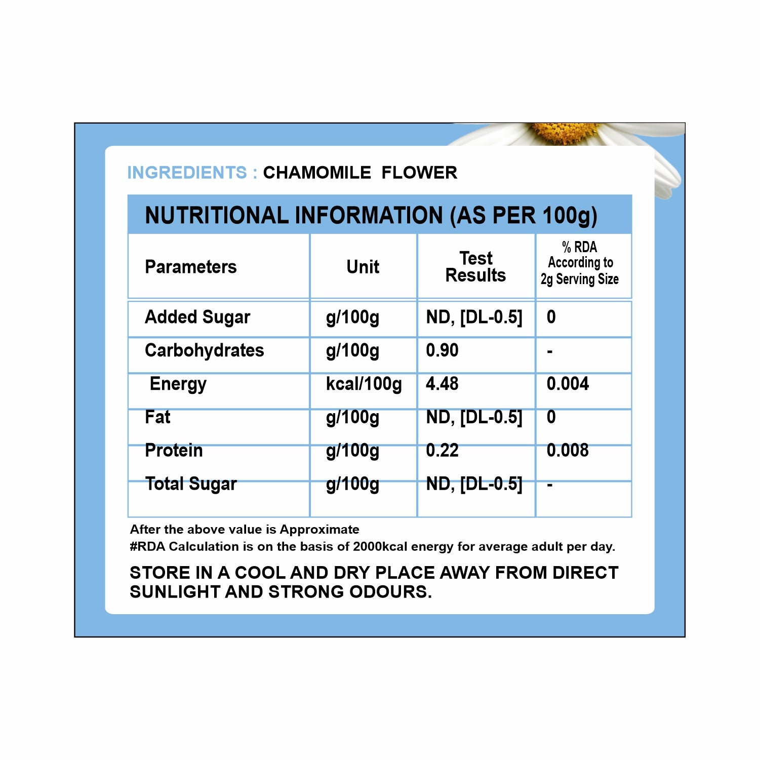 TVOY Chamomile Green Tea box nutritional info – chamomile and green tea listed on packaging.