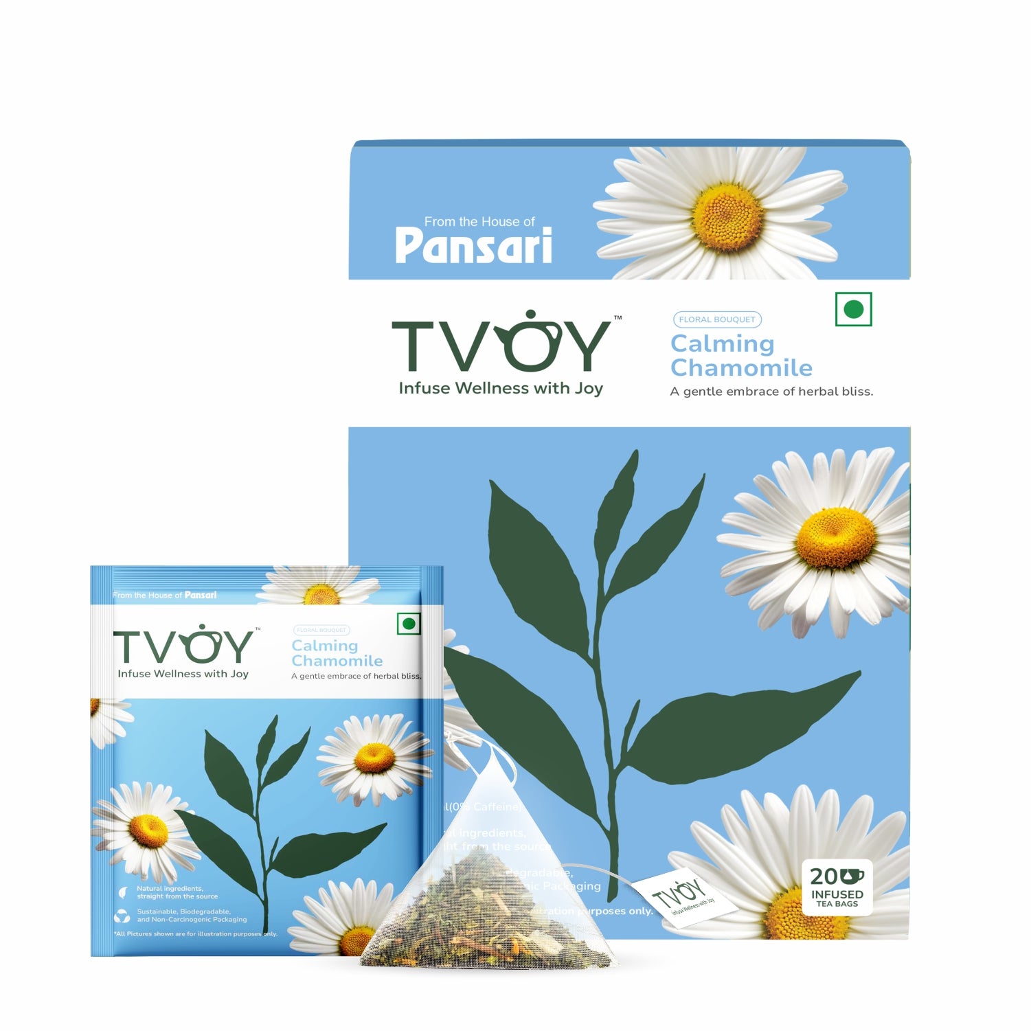 TVOY Chamomile Green Tea box with one sachet – biodegradable pyramid teabag with chamomile blend.