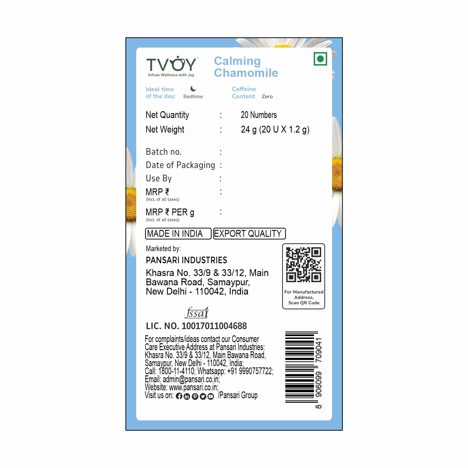TVOY Chamomile Green Tea label – displaying ingredients and instructions.