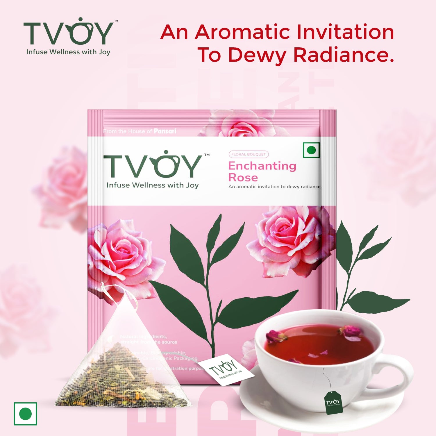 TVOY Enchanting Rose Green Tea – fragrant rose petal infused green tea for a floral tea experience