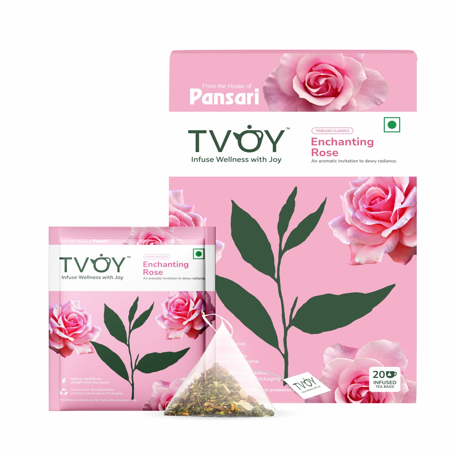 TVOY Enchanting Rose Green Tea box with sachet – biodegradable pyramid tea bag with floral tea blend.