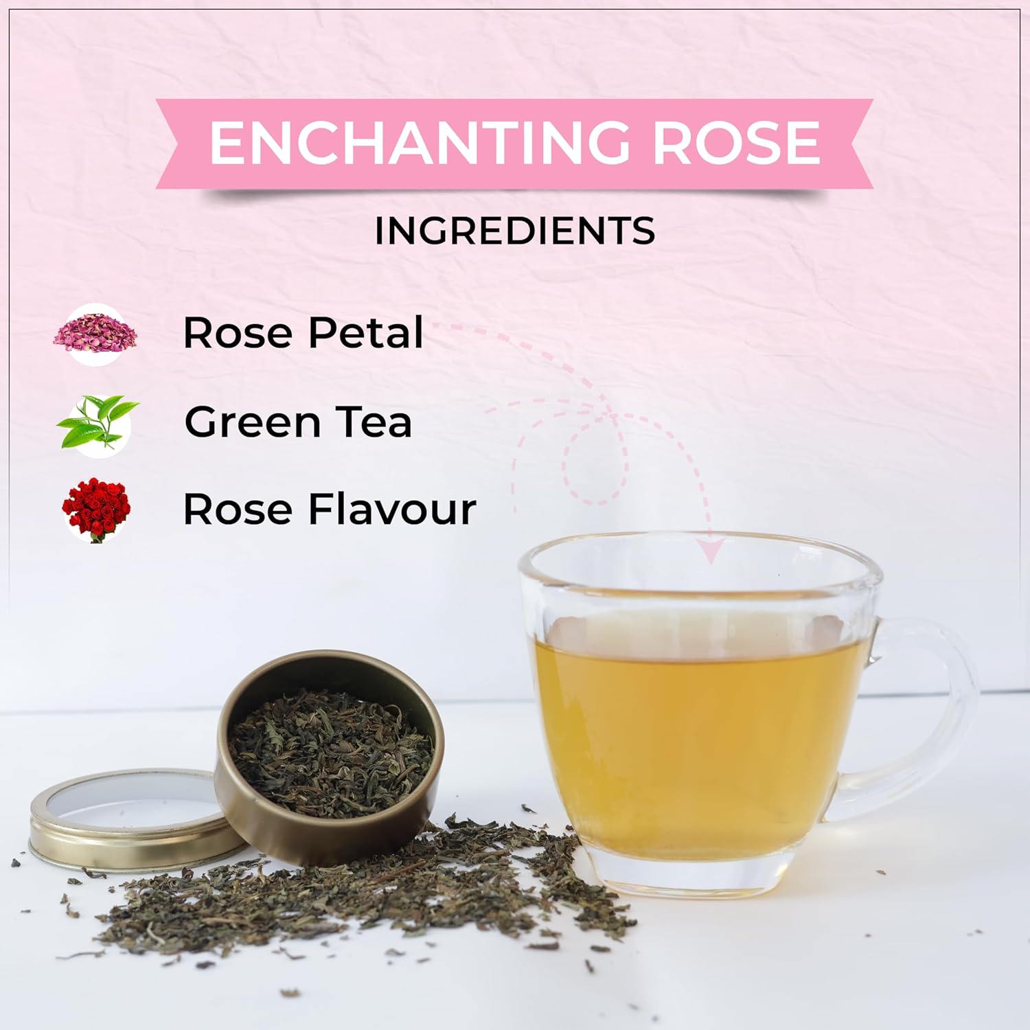 TVOY Enchanting Rose Green Tea ingredients – green tea leaves blended with natural dried rose petals.
