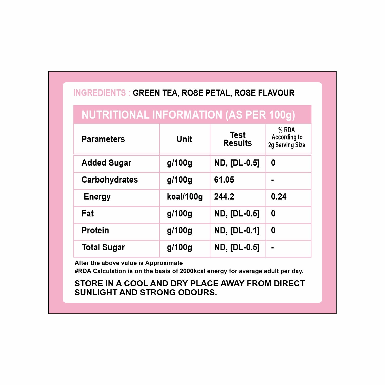 TVOY Enchanting Rose Green Tea ingredients listed on box – green tea and rose petals